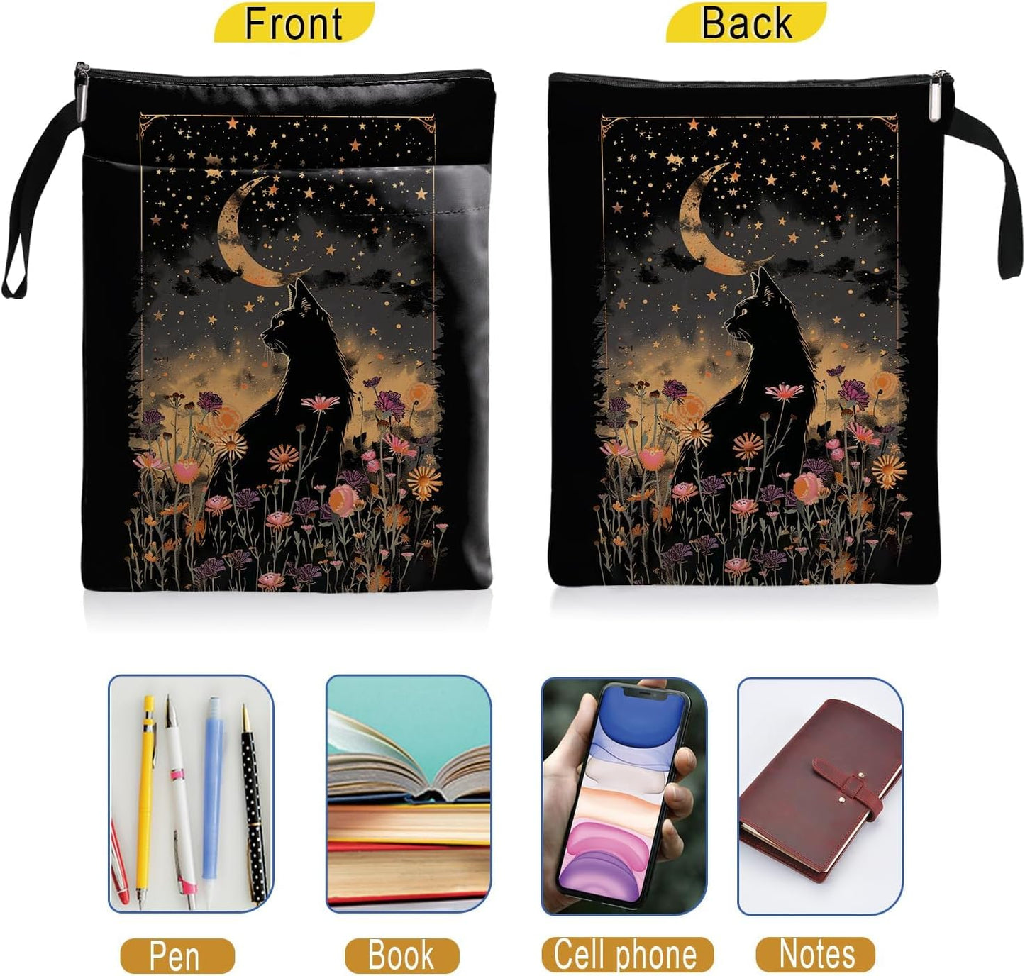 Cat Book Sleeve,Book Covers for Paperbacks,Book Sleeves with Zipper, Book Pouch Cat Lover Gifts for Women Teacher Daughter Graduation Birthday Gifts (Black Cat and Flower, Large)