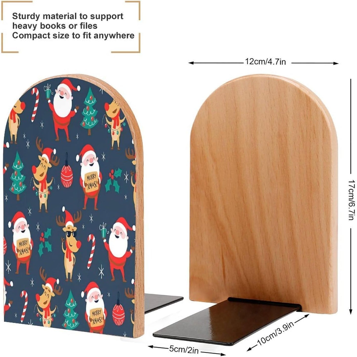 Santa Claus Christmas Wooden Bookend Non-Slip Book Ends Heavy Duty Book Stopper with Metal Base Books Holderd Decorative Bookends Stands Firmly for Office Supplies