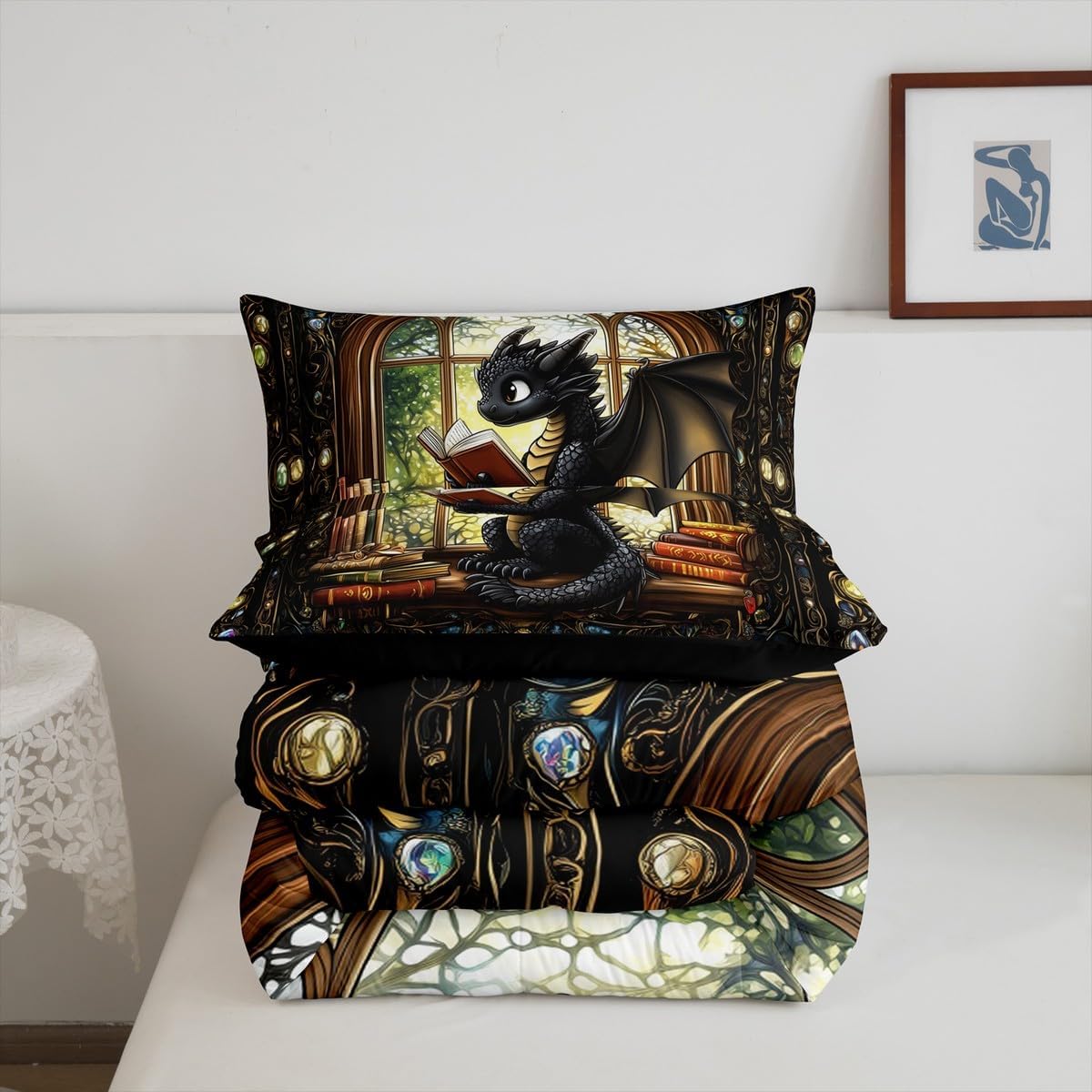 Cartoon Dragon Kids Comforter Set Twin Size,Reading Book Bookshelf Trippy Bedding Set,Girls Boys Room Decor,Geometric Patchwork Vintage Down Comforter,Black Noble Chic Duvet Insert,1 Pillowcase