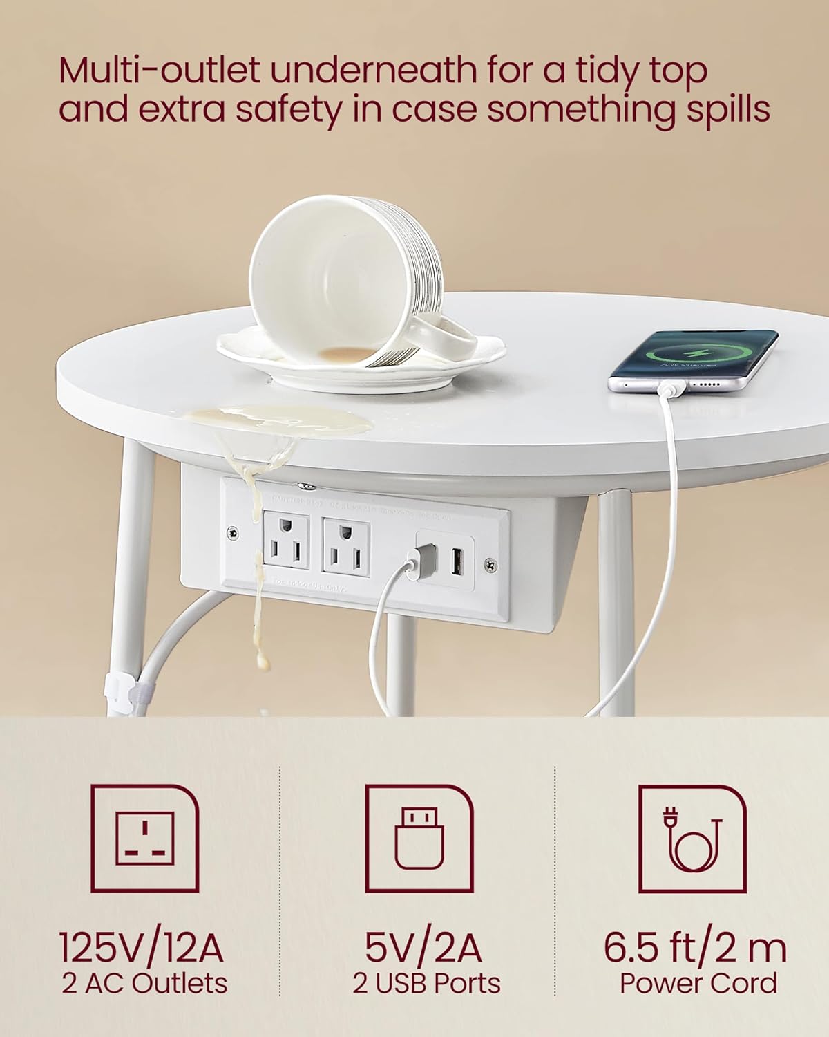 VASAGLE LILEA Collection - Side Table with Charging Station, Round End Table with Fabric Basket, Nightstand with USB Ports, for Living Room, Bedroom, Modern, Matte White and Camel Brown ULET228W01