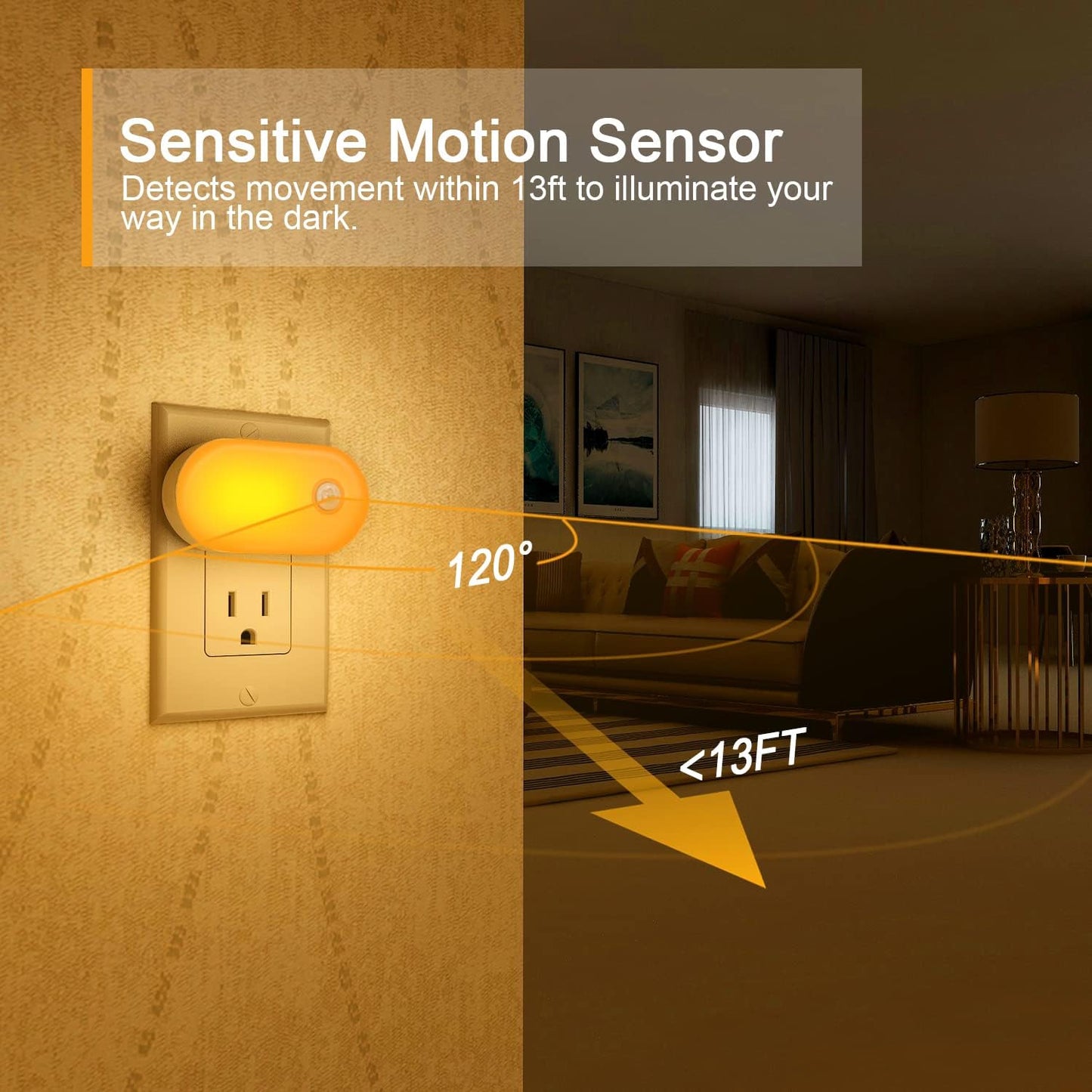 Lyridz 120LM Ultra Bright Plug-in Motion Sensor Night Light, Stepless Dimmable LED Nightlight, Always-On and Auto-Off, for Hallway, Stairs, Bathroom, Bedroom, Garage, Amber (2-Pack)