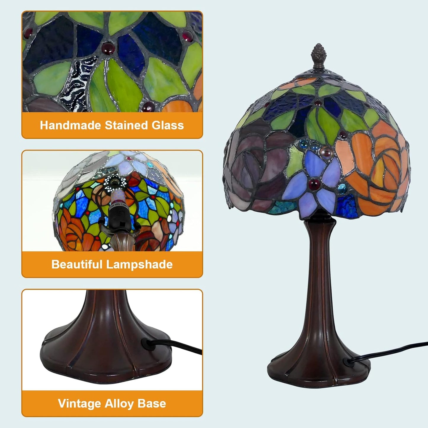 Tiffany Table Lamp Romantic Double-Color Roses Handmade Stained Glass Desk Lamps 8" Wide 15" Tall Vintage Reading Lamp for Office, Living Room, Bedroom, LED Bulb Included