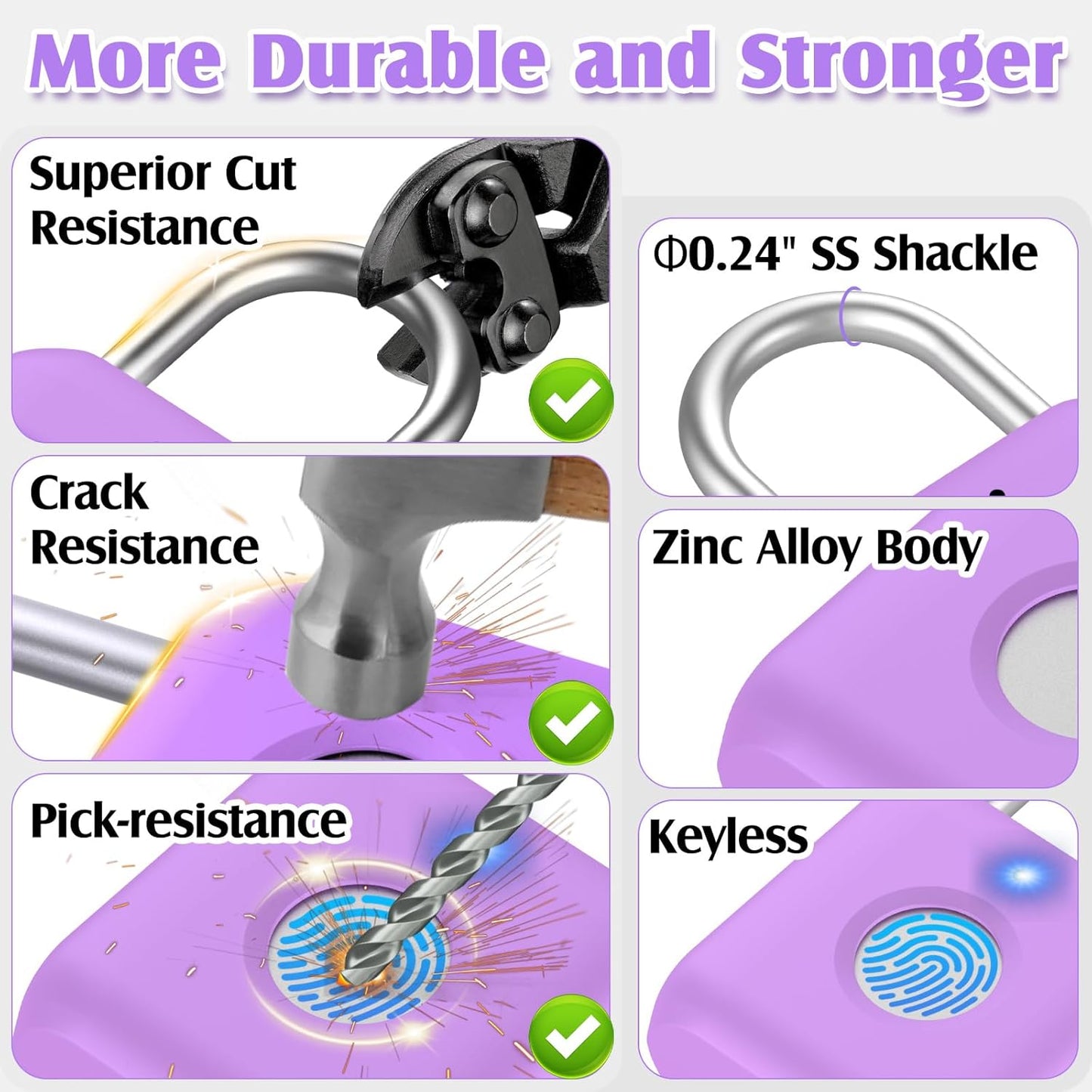 Pothunder Fingerprint Padlock, Smart Padlock, Locker Lock, Combination Fingerprint Lock with APP Unlock, USB Rechargeable, Suitable for Gym Locker(Lavender Purple)