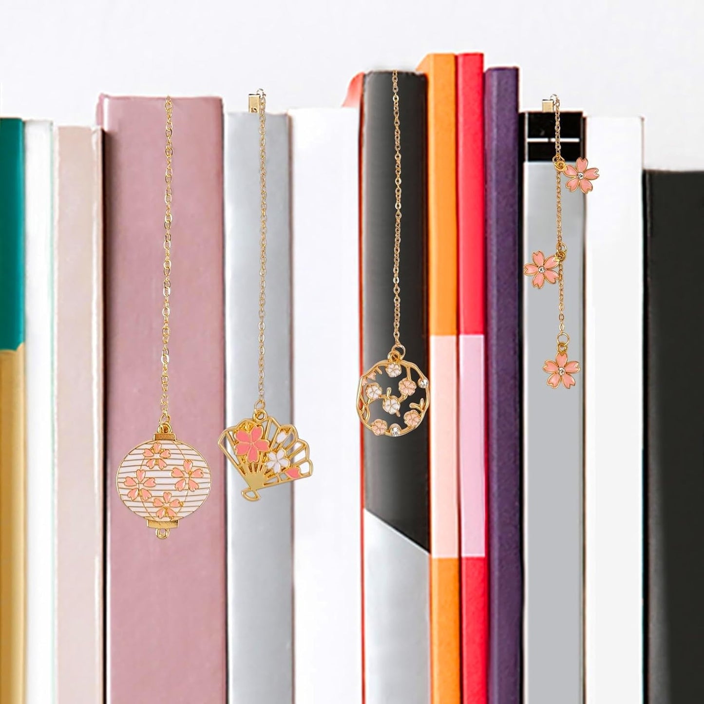 Metal Bookmarks for Women, Cute Japanese Cherry Blossom Bookmark Set of 4 with Chain, Pretty Floral Book Marks, Fancy Reading Accessories and Bookish Gifts for Book Lovers