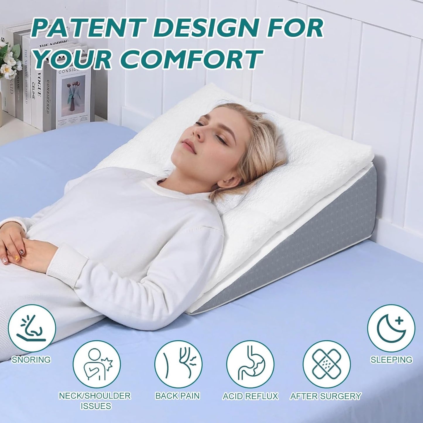 TANYOO Bed Wedge Pillow for Sleep Apnea 10 Inch Gerd Pillow Patent Dual Layer Triangle Pillow Adjustable Shredded Memory Foam Topper Soft Support Ideal for Acid Reflux, After Surgery, Snoring