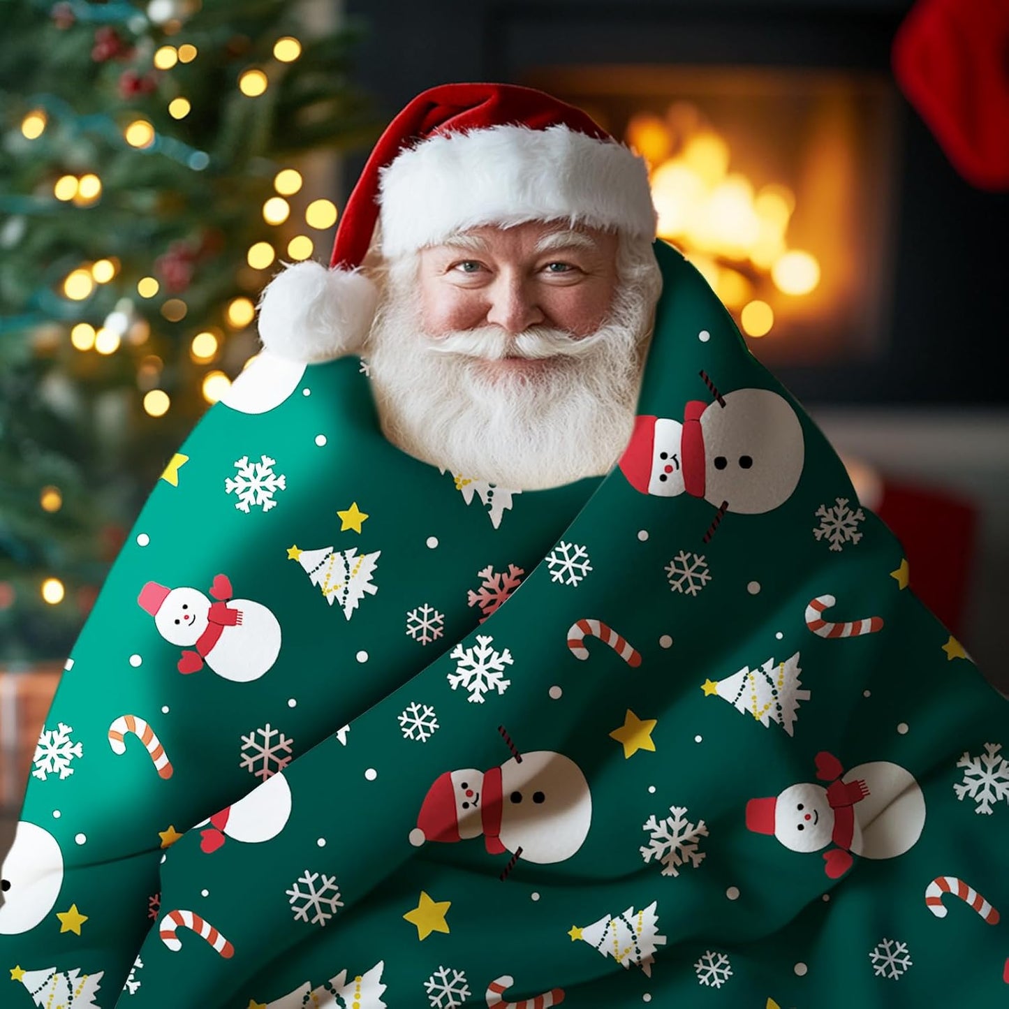 Green Christmas Snowman Flannel Throw Blanket, Xmas Tree Snowflake Candy Cane Stars Birthday Gifts for Kids Men Women, Winter Holiday Soft Blankets for Bedding Sofa 50 x 60 Inches