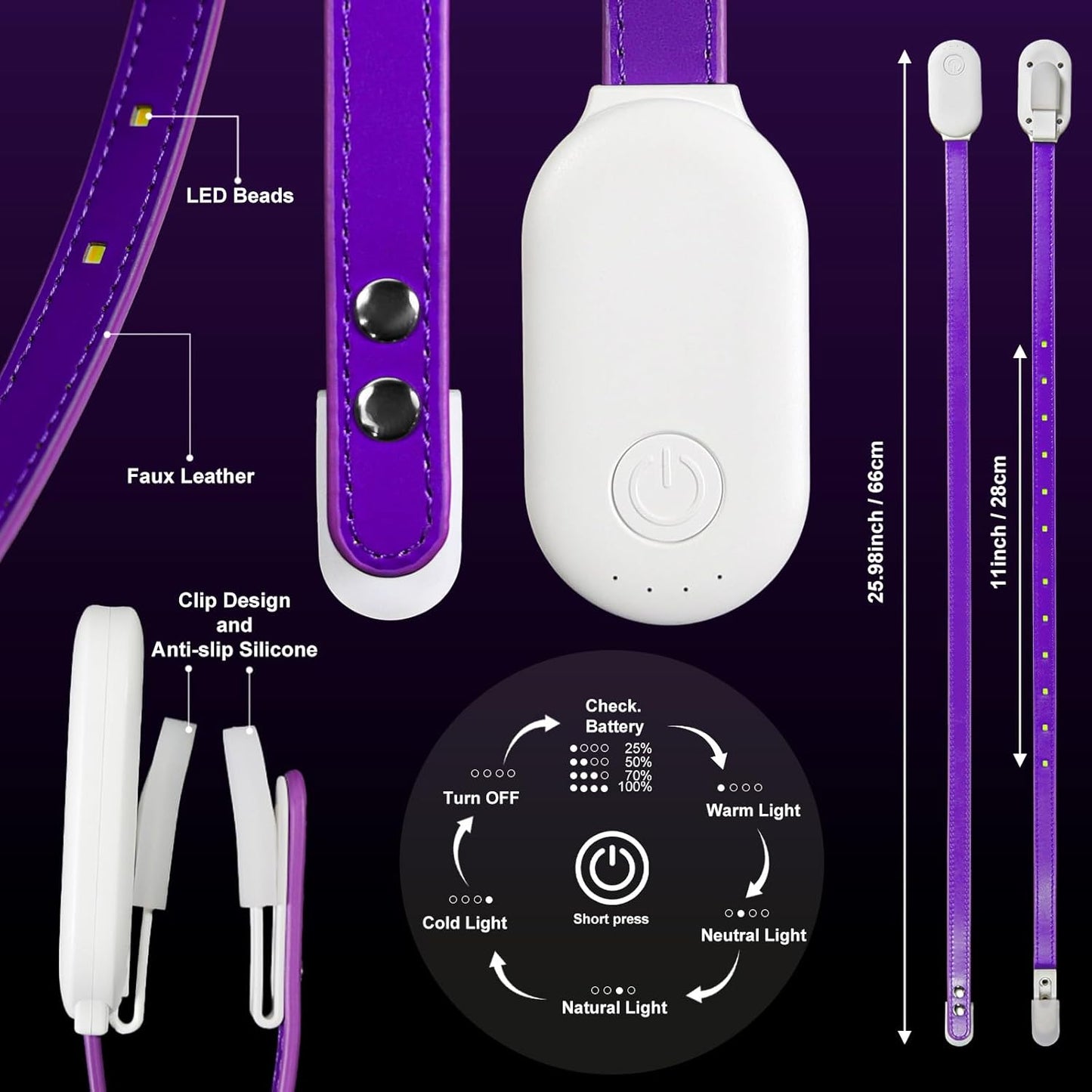 Rechargeable Book Light for Reading, 12 LED Eye-Care Reading Light, 4 Color Temperatures, Stepless Dimming, No Flicker, Evenly Distributed Lighting for Books, Perfect for Reader (Purple)