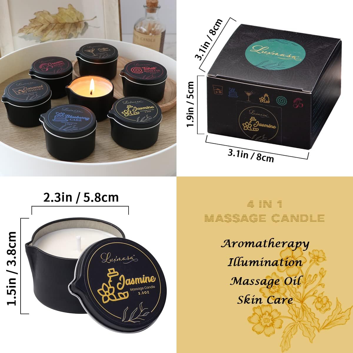Low Temperature Pure Natural Soybean Oil Candle Massage Wax, Home Scented Aromatherapy Candle for Body Treatment and Skin Moisturizing Jasmine Scent 2.35 OZ