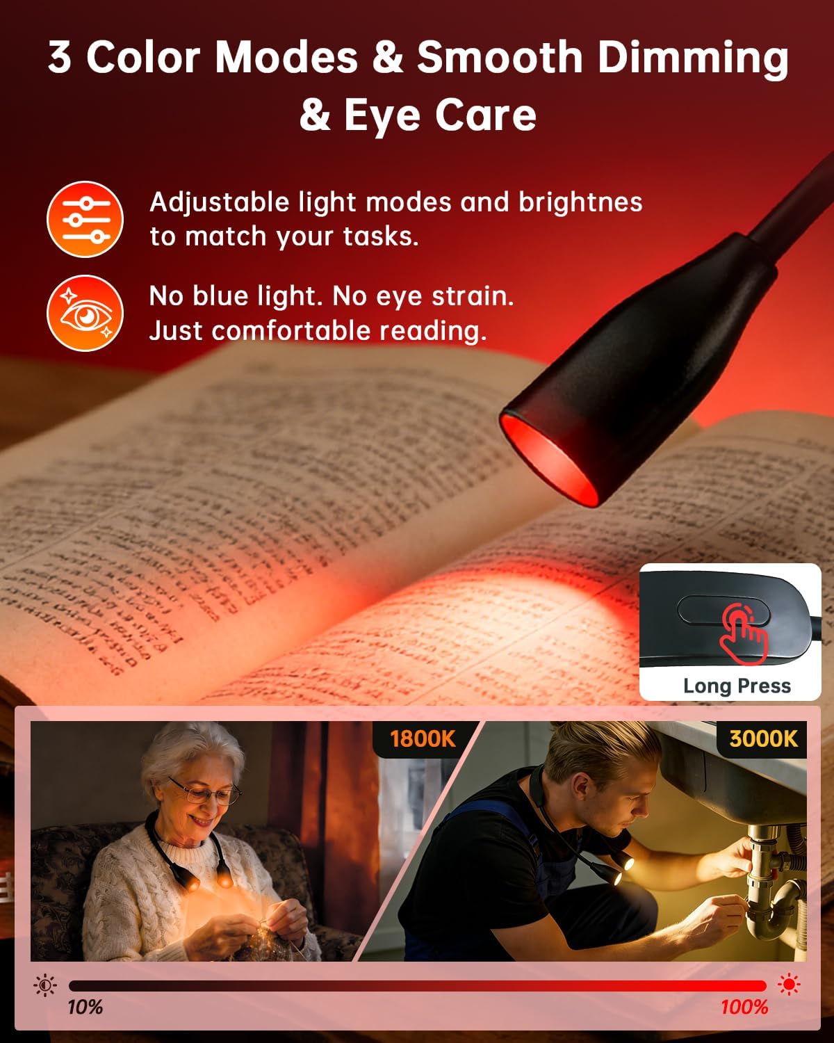 670nm Red Neck Light Book Light for Reading in Bed,3 Color Temperatures Dimmable USB Rechargeable Clip On Red Night Light for Sleep,Eye Comfort,Portable Booklight for Reading, Crafts, Knitting