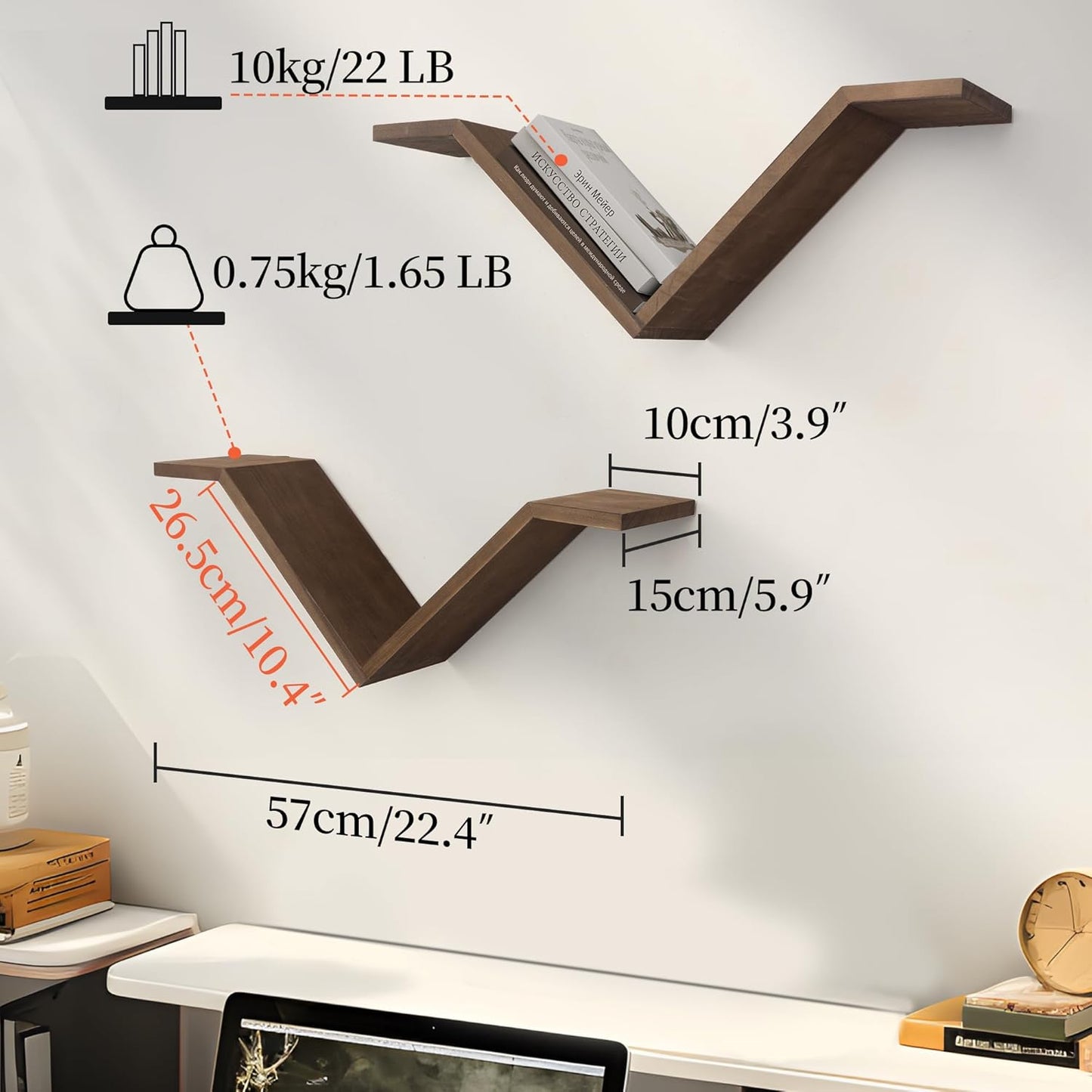 Book Shelf for Wall Set of 2, Modern Hanging Bookshelf Wall Mounted Desktop Book Shelves, Walnut Organizer for Bedroom Livingroom Office