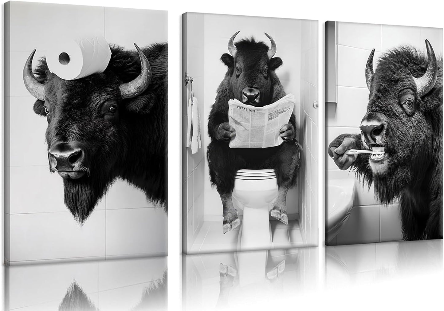 Funny Bison Bathroom Wall Art - 3 Piece Black and White Buffalo on Toilet Canvas Prints, Humorous Animal Pictures for Restroom Decor, 12x16 Inch Framed, Unique White Elephant Gift