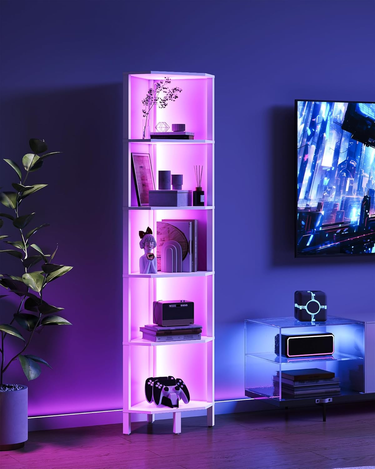 LED Corner Shelf with Lights, 5-Tier Diamond Shape Bookshelf, Standing Narrow Storage Organizer for Living Room, Bedroom, Office, Study, White MCJ03DWB