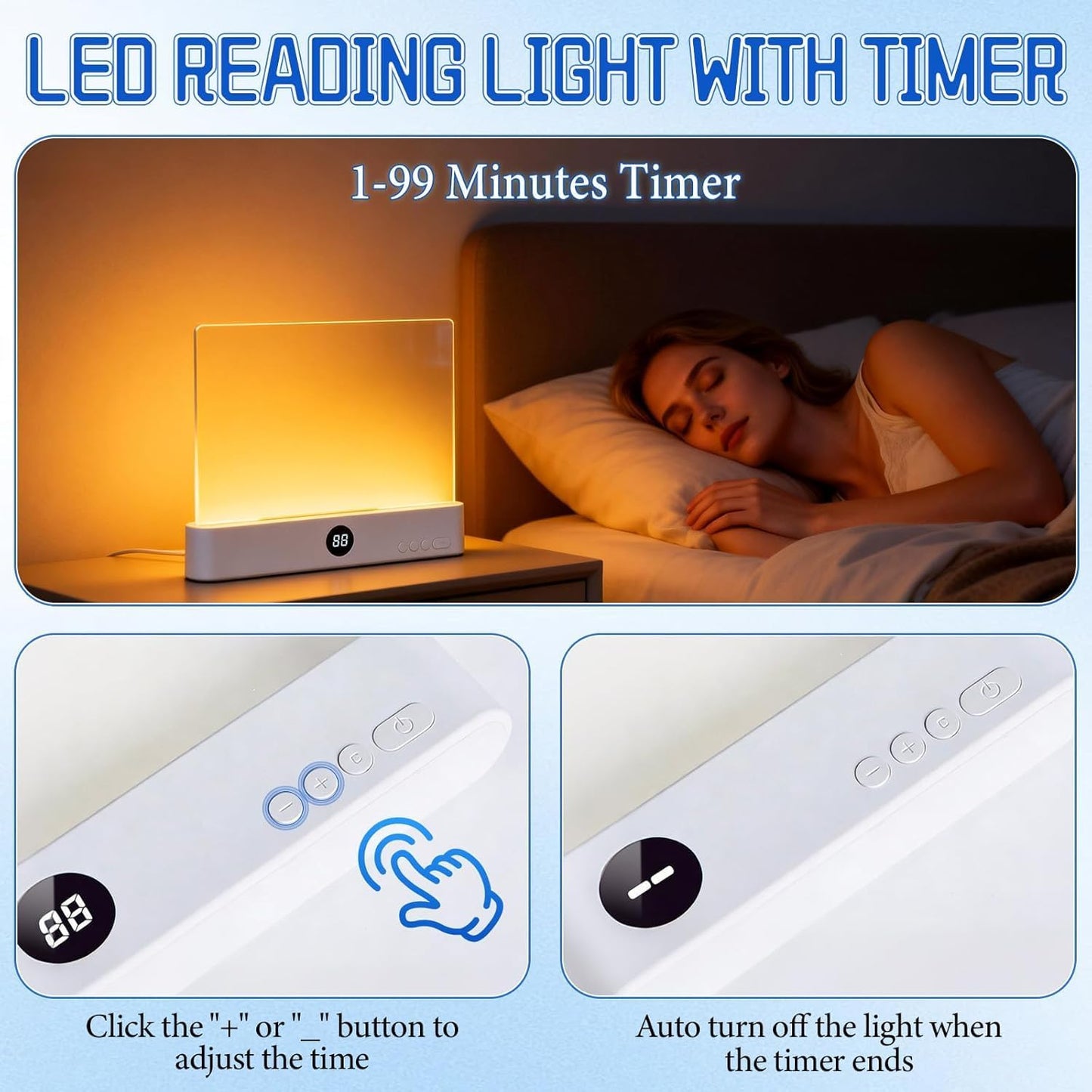 Smart Flat Book Light, Rechargeable Clear LED Reading Lamp with 3 Colors & Timer, 99% Light Transmittance Dimmable Full Page Panel Plate Lamp, Ultra-Clear Transparent Panel Night Reading Lights