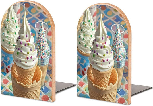 Sweet Ice Cream Bookends 1 Pair Heavy Duty Book Ends for Shelves Non-Skid Bookend Supports Wooden Book Holders with Metal Base Desk Organizers Books Storage to Hold Books