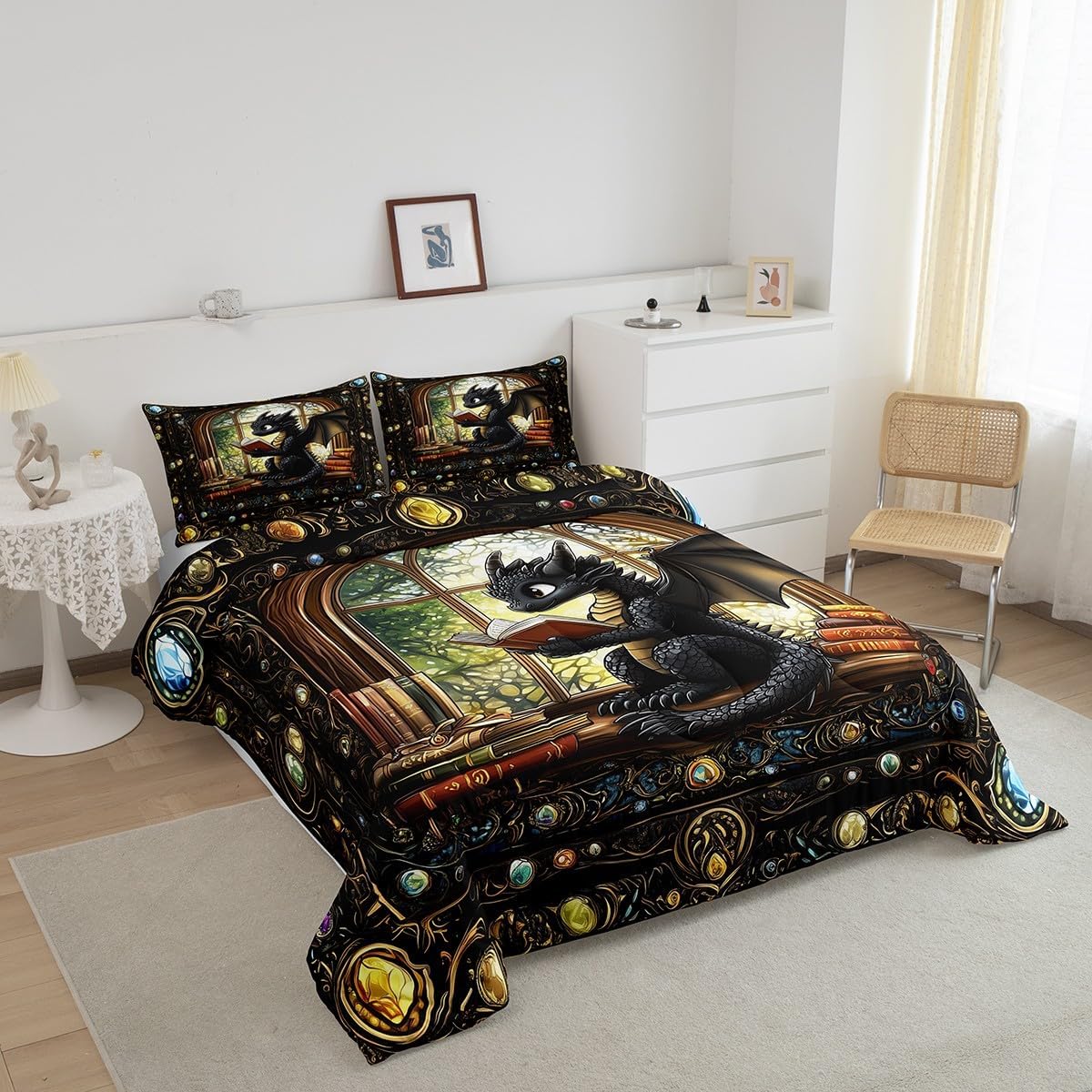Cartoon Dragon Kids Comforter Set Twin Size,Reading Book Bookshelf Trippy Bedding Set,Girls Boys Room Decor,Geometric Patchwork Vintage Down Comforter,Black Noble Chic Duvet Insert,1 Pillowcase
