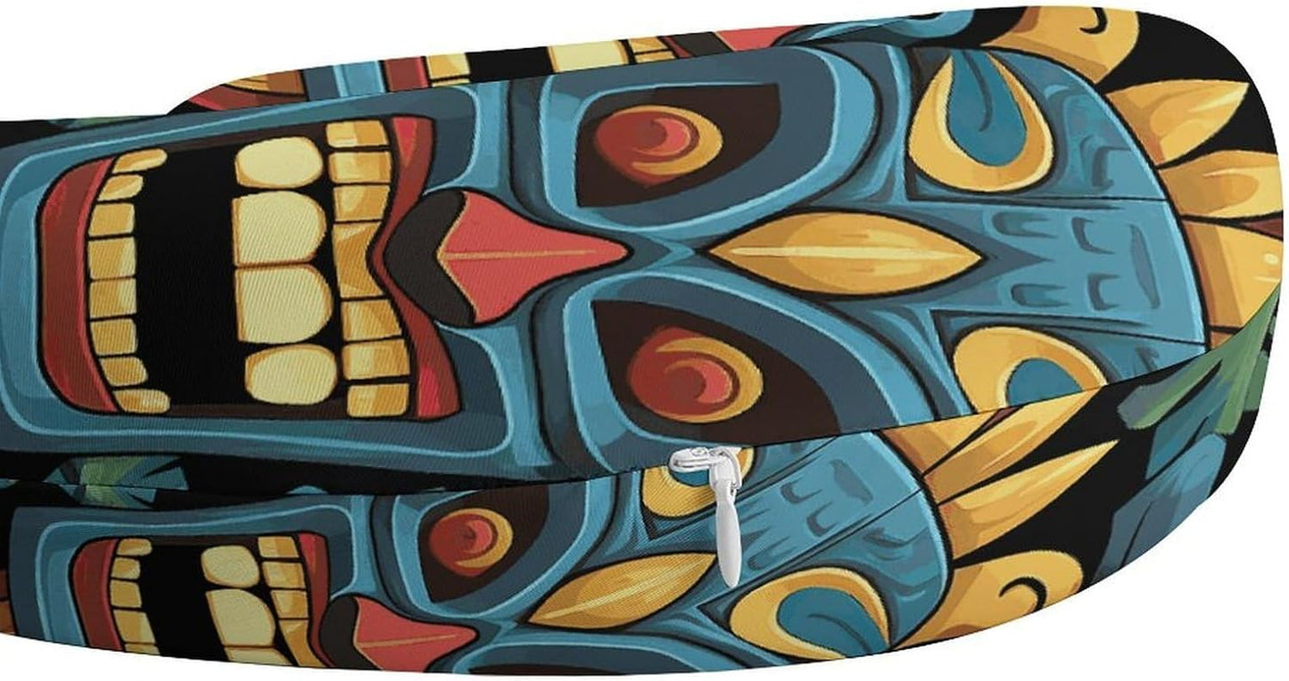 Colorful Tiki Mask Pattern Neck Pillow Memory Foam U Shaped Pillows Portable Pillows for Shoulder Travel Head Support Pillow with Concealed Zipper for Airplane Car Home Office