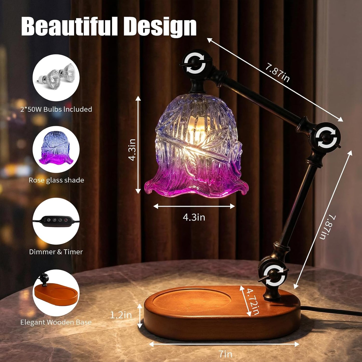 Candle Warmer Lamp, Dimmable Wax Melting Warmer with Adjustable Height, Bedroom Living Room Home Decor, Birthday Relaxation Gifts for Women (Purple1, Flower)