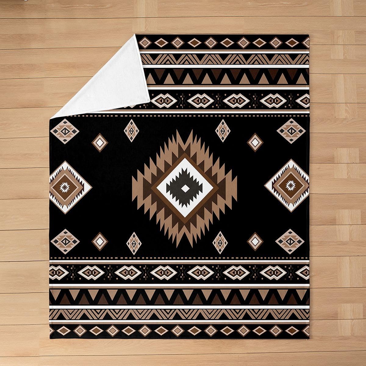 Feelyou Boho Aztec Flannel Fleece Throw Blanket Western Bohemian Fuzzy Blanket Black Brown All Season Plush Soft Rhombus Geometric Throw 50"x60" for Sofa Couch