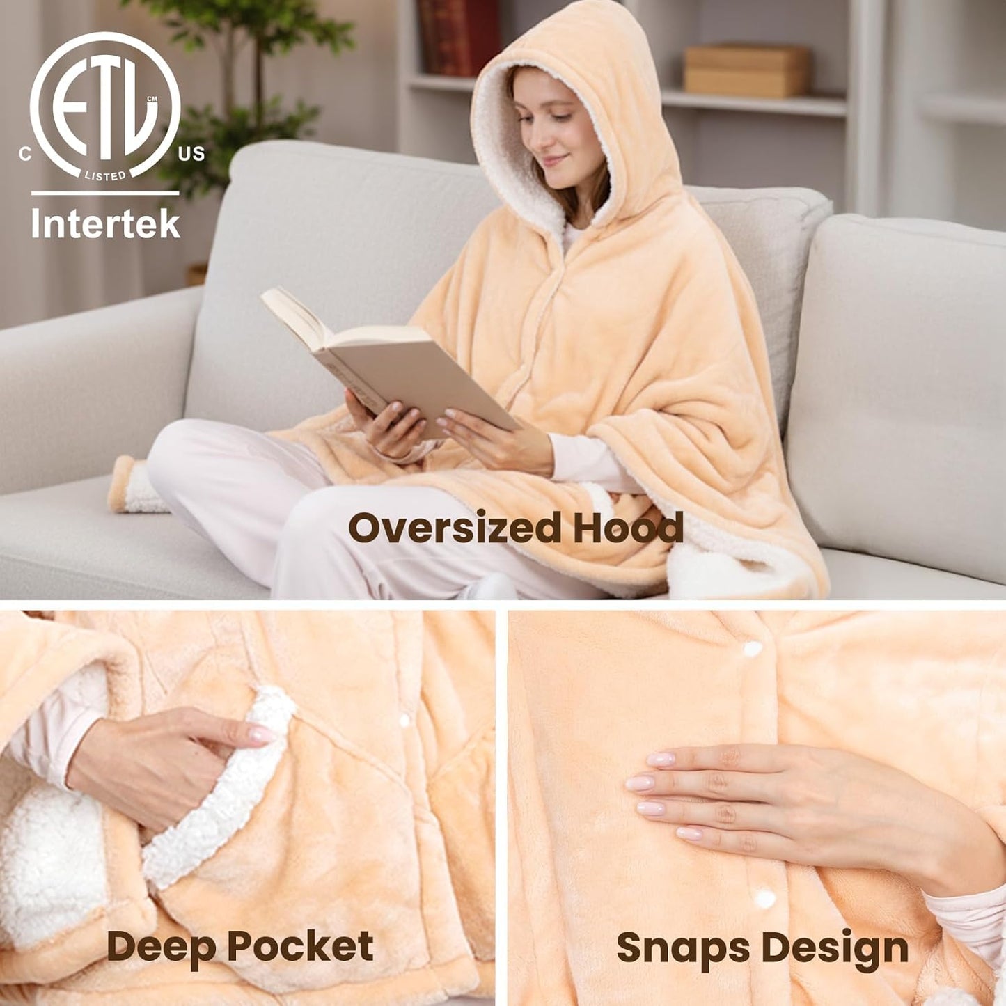 DAILYLIFE Wearable Heated Blanket, 40"x70" Eletric Throw with 6 Heating Levels and 12 Hours Timer, Heated Wrap Poncho Shawl & Hoodies with Pockets, Machine Washable with ETL Certification, Beige