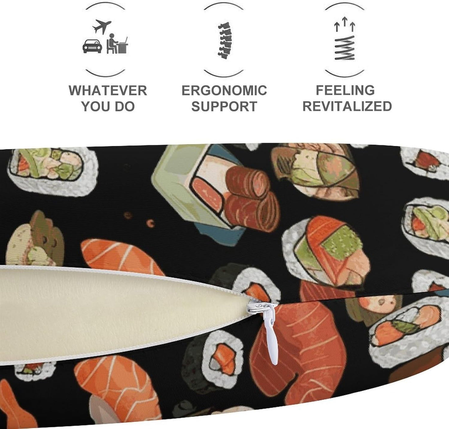 Japanese Sushi Black Neck Pillow Memory Foam U Shaped Pillows Portable Pillows for Shoulder Travel Head Support Pillow with Concealed Zipper for Airplane Car Home Office