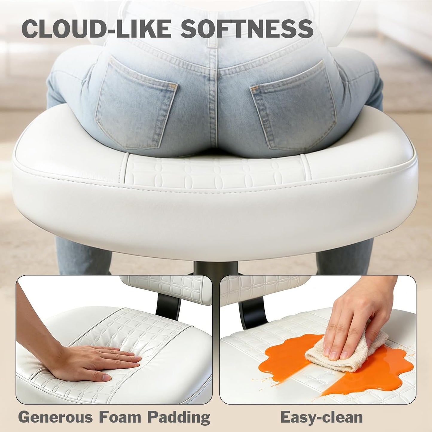 Meditation Chair with Footrest, 360° Swivel Height Adjustable Criss Cross Chair, White PU Padded Wide Seat, Home Office Desk Chair for Reading, Yoga, Peaceful Living