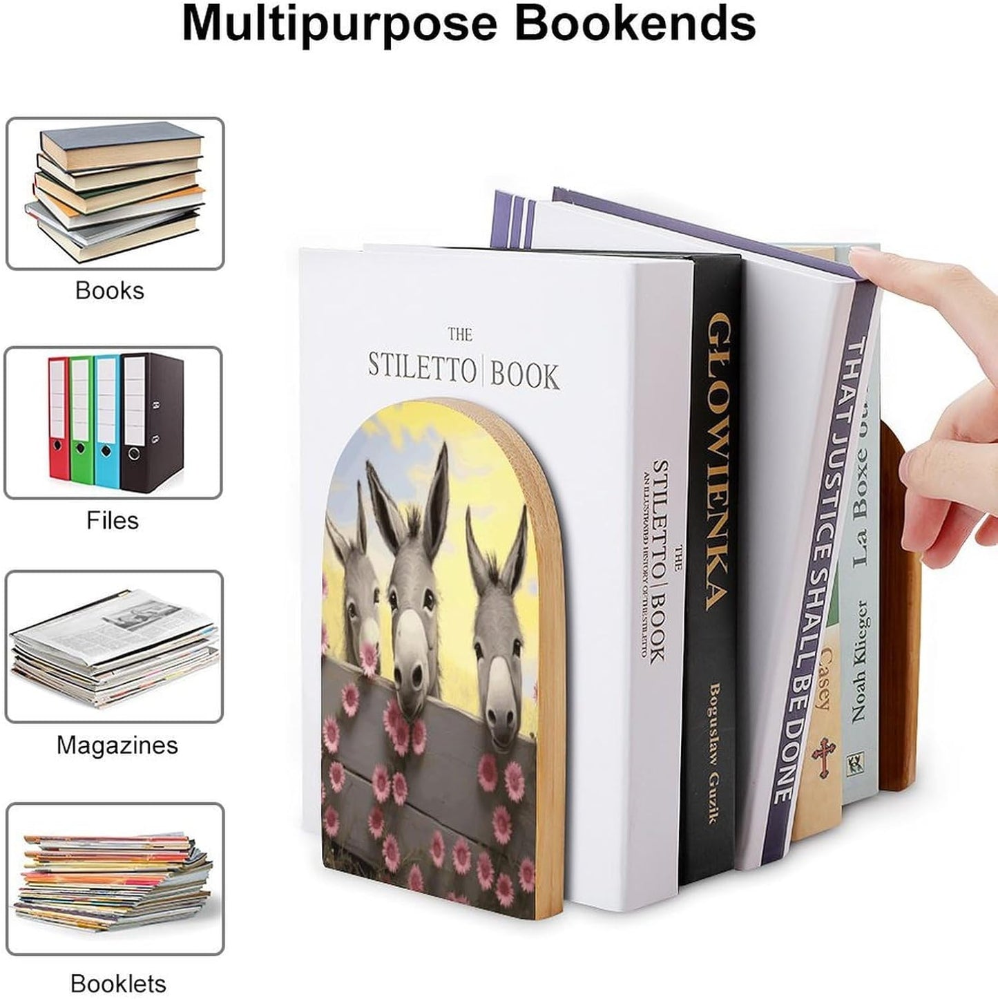Donkey and Flower Bookend for Shelves Wooden Book End Large Size Sturdy Book Holders Stoppers with Metal Base for Bookshelves Slick Decorative Bookends Stands
