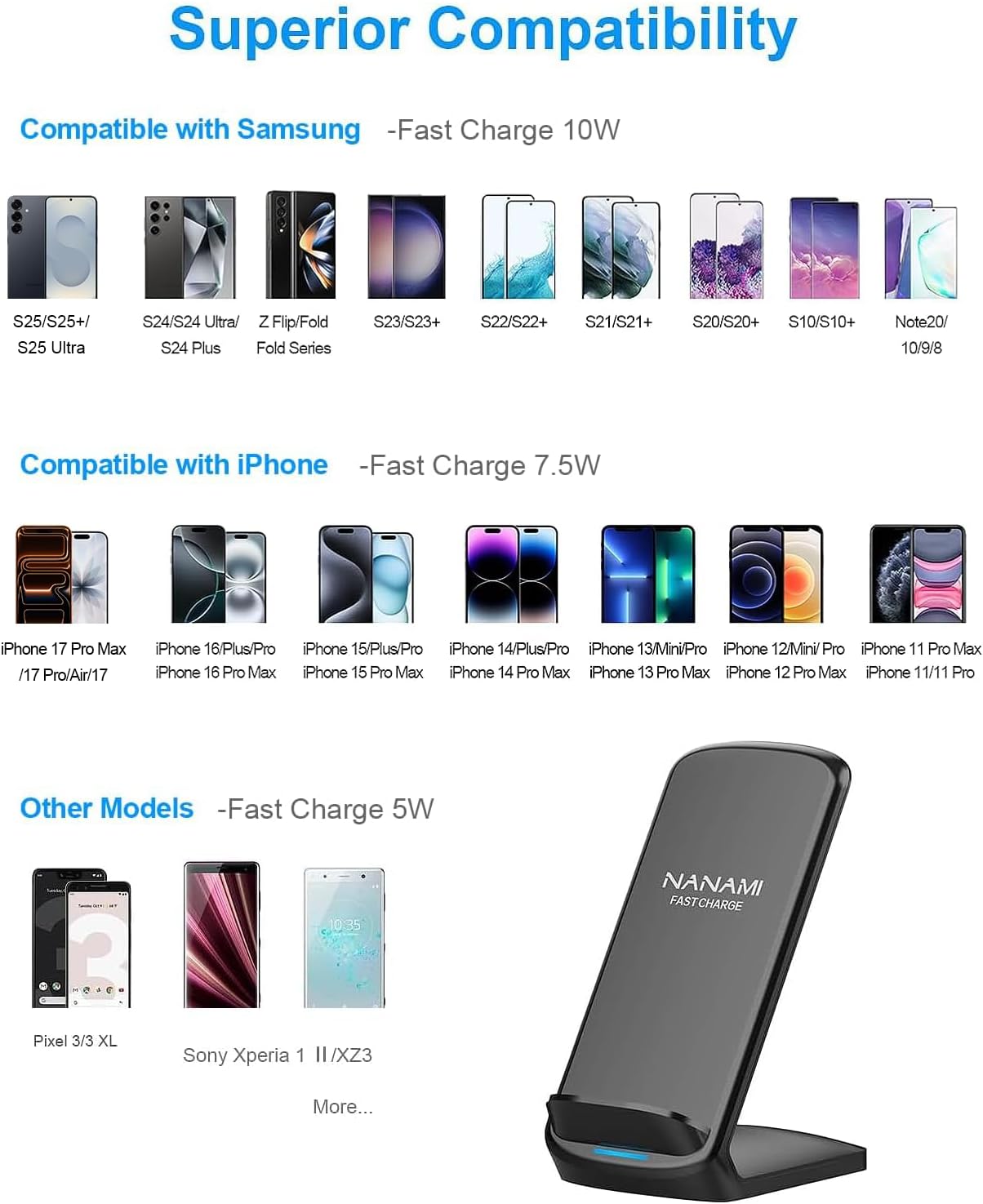 NANAMI Fast Wireless Charger, 10W Max Wireless Charging Stand with PD20W Adapter Charger Compatible for iPhone 17/17 Air/17 Pro/17 Pro Max/16/15/14/13/12,Samsung Galaxy S26/S25/S24/S23/S22/S21/Note 20