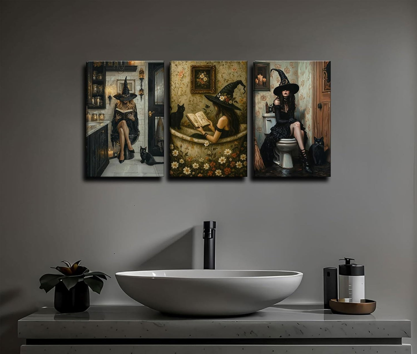 3Pcs Gothic Bathroom Canvas Wall Art Black Cat and Witch Reading Book in Bathtub Poster Prints Dark Academia Wall Decor picturesfor Bathroom Gallery Toilet Restroom Home Decoration