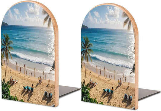 Summer Hawaiian Bookends 1 Pair Heavy Duty Book Ends for Shelves Non-Skid Bookend Supports Wooden Book Holders with Metal Base Desk Organizers Books Storage to Hold Books