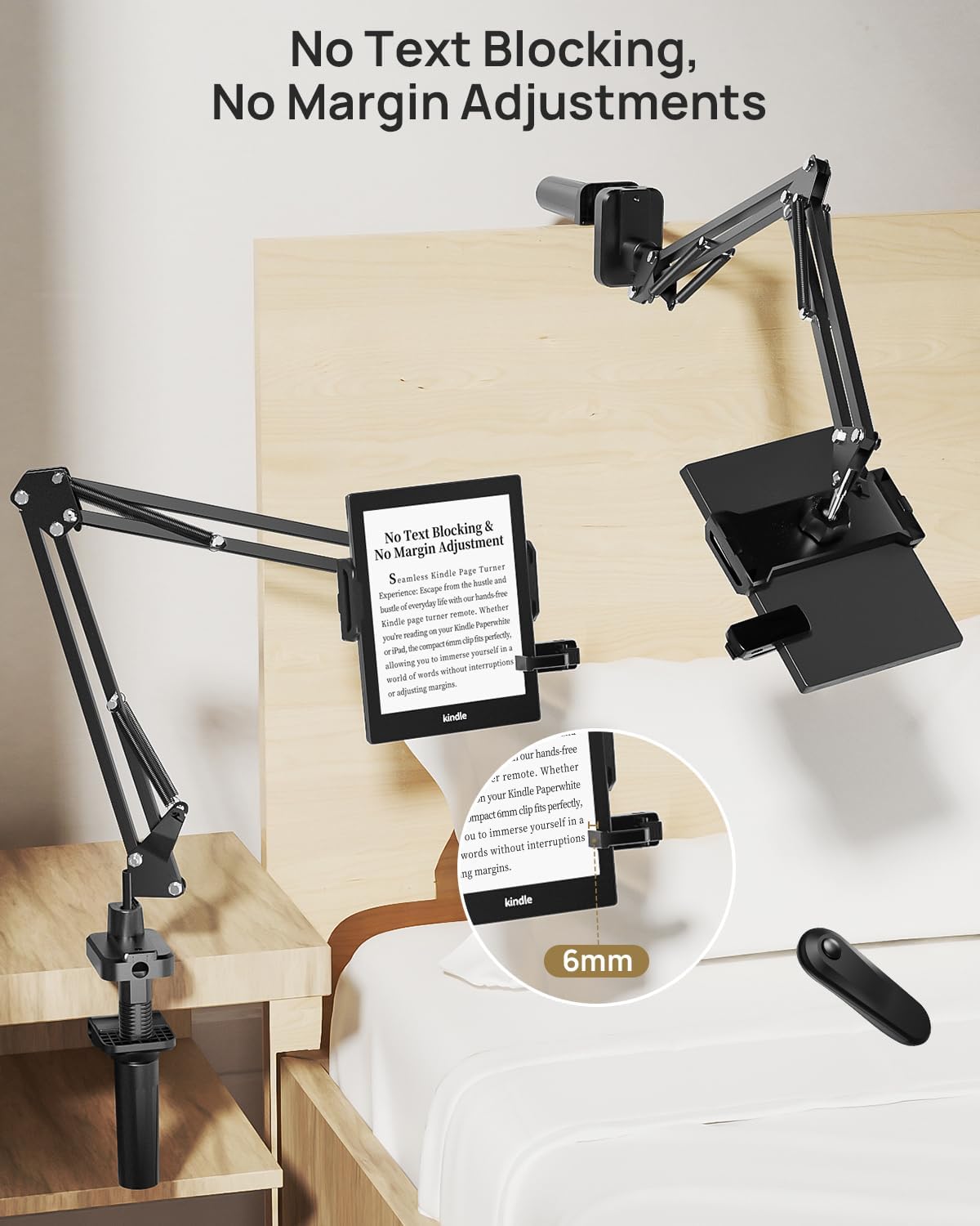 Kindle Holder with Remote Page Turner – Kindle Stand with Remote Page Turner for Bed, Hands-Free Clip Mount, Easy-Adjust Steel Arm (Not Gooseneck), No Text Blocking