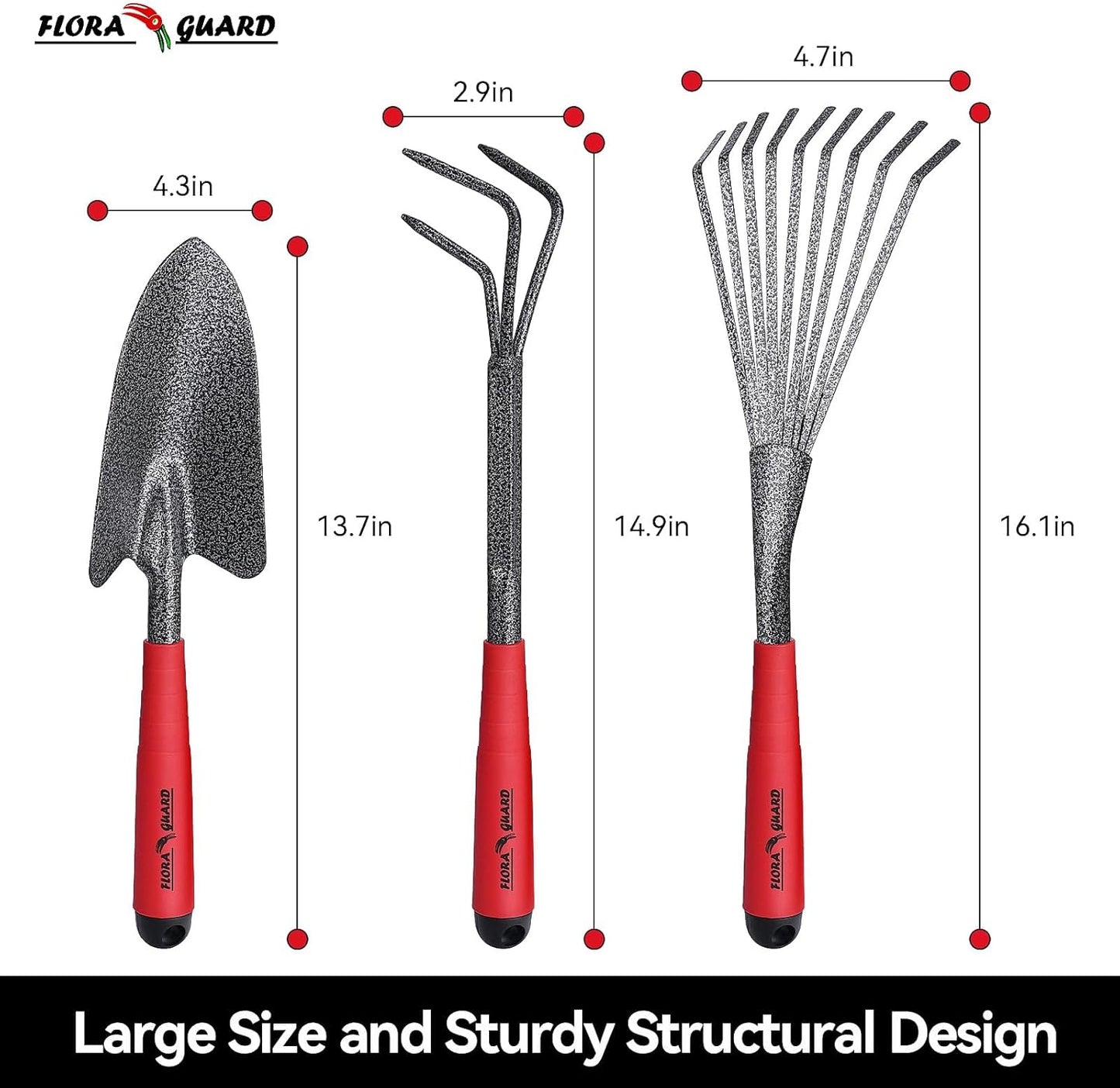 FLORA GUARD 6-Piece Garden Tool Set, Heavy Duty Gardening Hand Tools,Includes Trowel, Rake, 2-in-1 Hoe & Crack Weeder, Durable Yard Gardening Tools, Ideal Gardening Gift for Men & Women