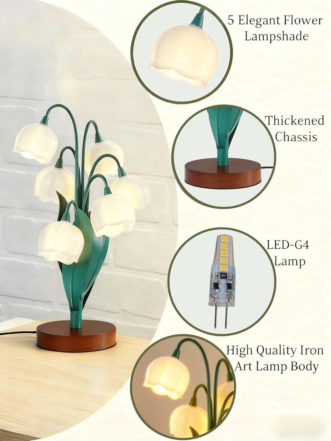 Vintage Lily of The Valley Table Lamp, 5 Flowers Artistic Sculpture & Soft Eye-Caring Light, Nordic Cottagecore Bedside Lamp for Reading, Wood Base, Sweet Gift for Home Office Bedroom Decor