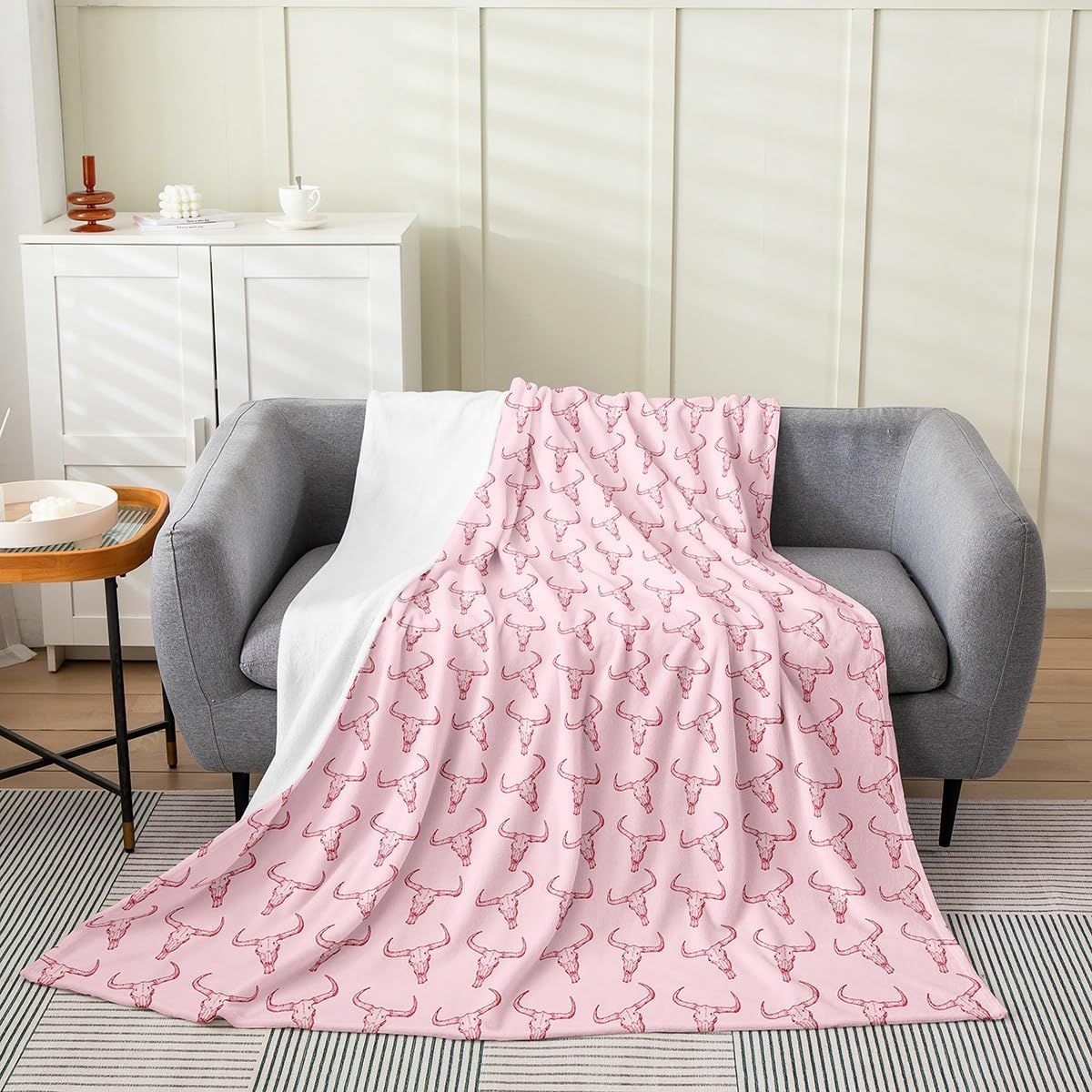 Bull Skull Flannel Blanket,Western Bed Blankets,Kids Girls Boys Adult Cowboy Cowgirls Fleece Blanket Soft Cozy Pink Office Chair Sofa Decor,50"×60"