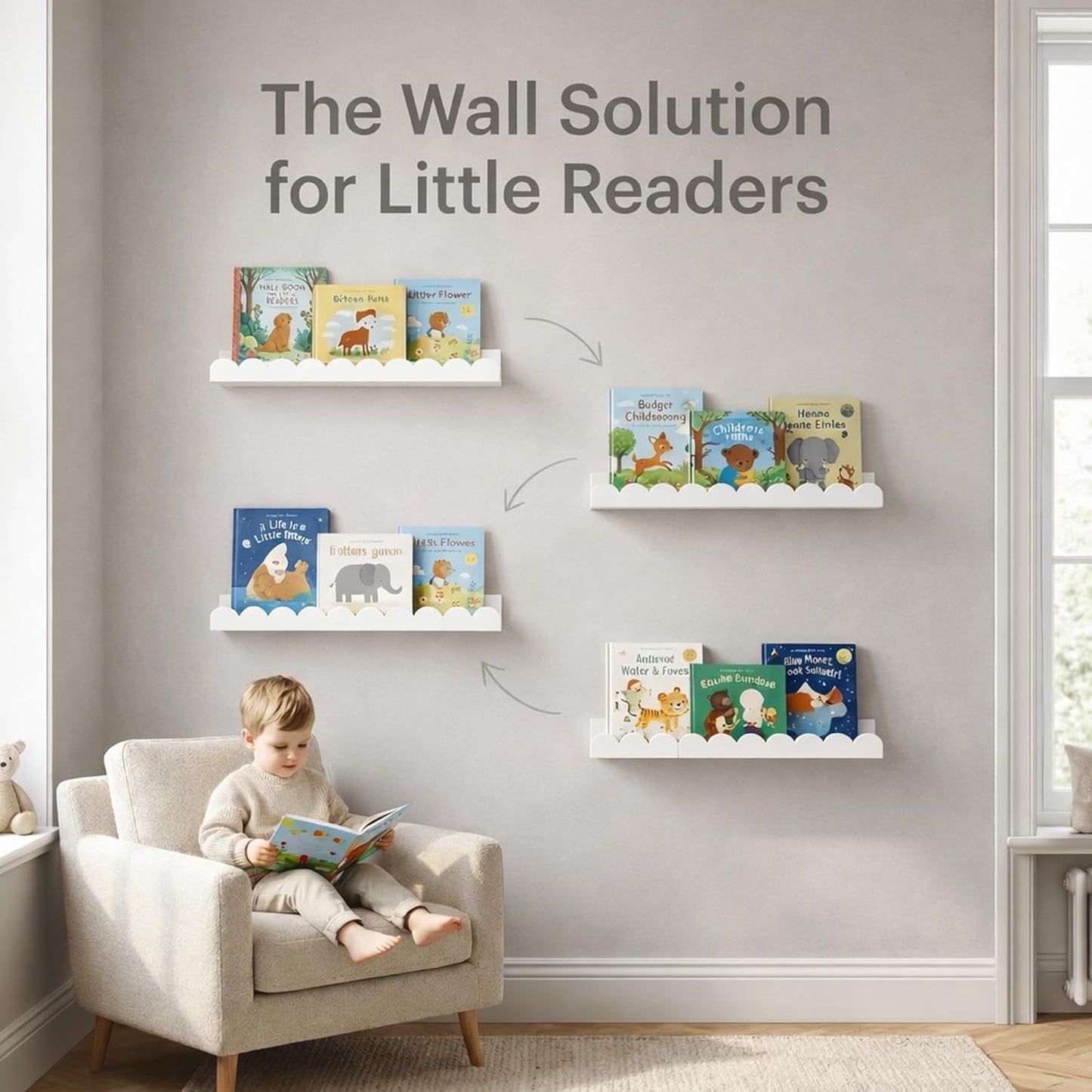 Nursery Floating Shelves for Kids Room, 4 Pack 15.7 Inch White Wall Shelves with Scalloped Edge, Kids Bookshelves for Toddler Bedroom, Playroom, Baby Nursery Decor