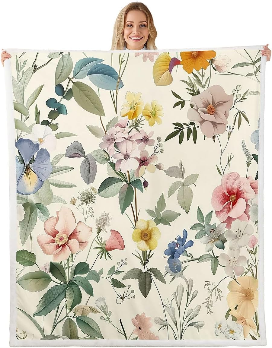 Feelyou Vintage Floral Sherpa Throw Blanket for Couch Boho Leaf Super Soft Cozy Fleece Garden Blanket for Winter, Plush Throw Throw 50"x60" All Season