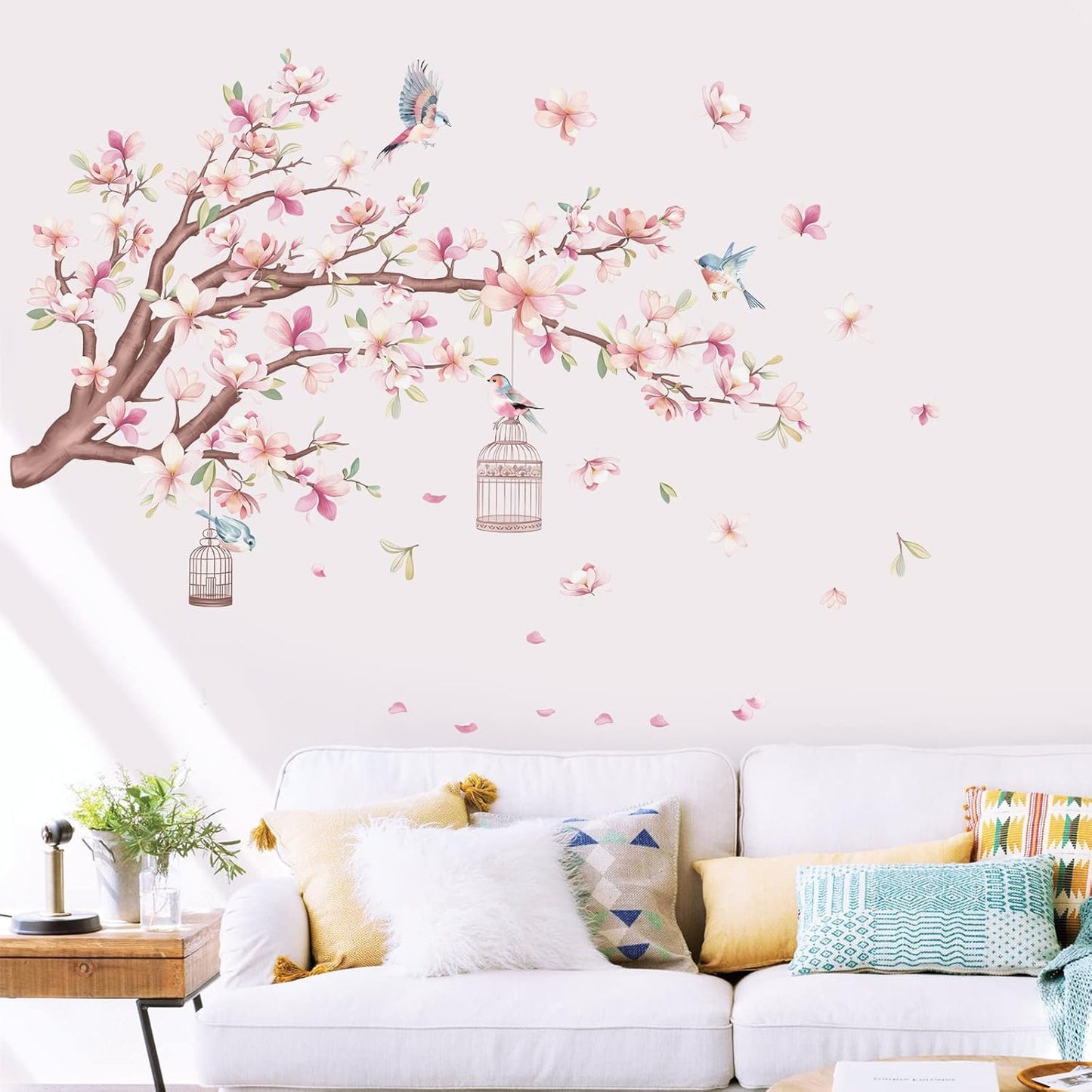 wondever Cherry Blossom Flowers Wall Stickers Pink Magnolia Floral Tree Branch Birds Peel and Stick Wall Art Decals for Living Room Bedroom TV Wall