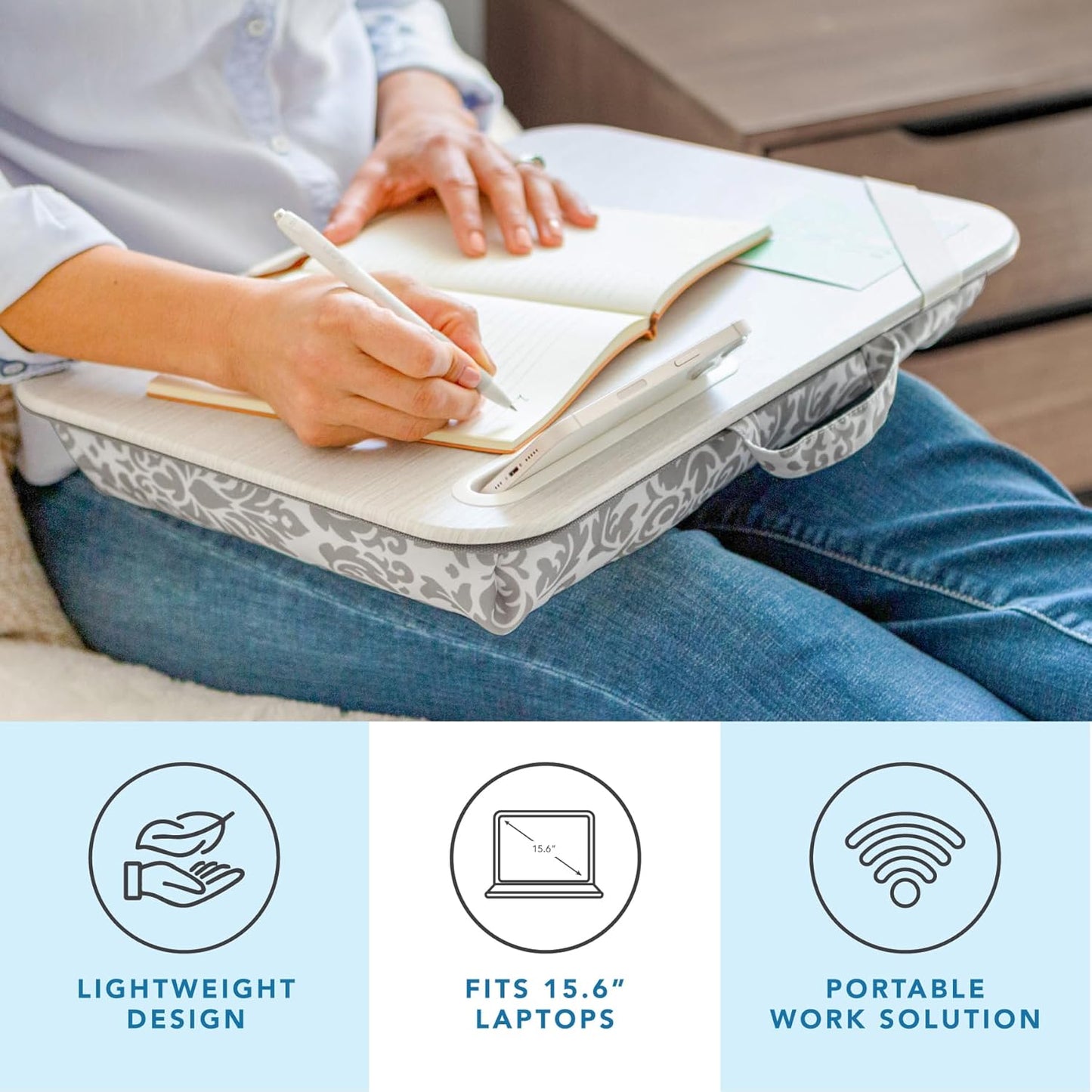 LAPGEAR XL Designer Lap Desk with Phone Holder and Device Ledge - Gray Damask - Fits up to 17.3 Inch Laptops - Style No. 45524