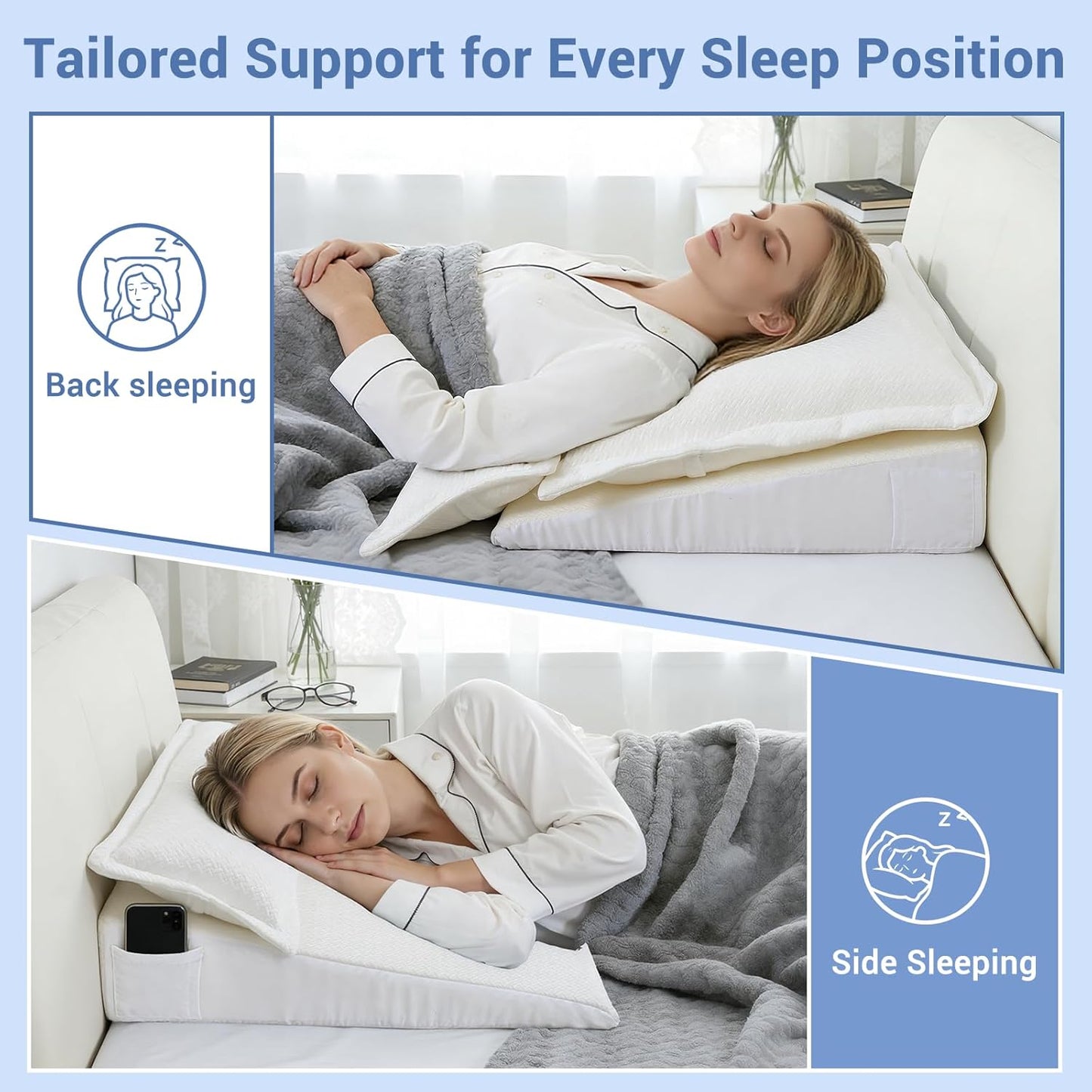 3PCS Bed Wedge Pillow Set for Sleeping, 10" Adjustable Triangle Pillow Wedges for Acid Reflux, Snoring, Back Pain Relief, After Surgery, Reading Pillow for Sitting in Bed Adult with Washable Cover