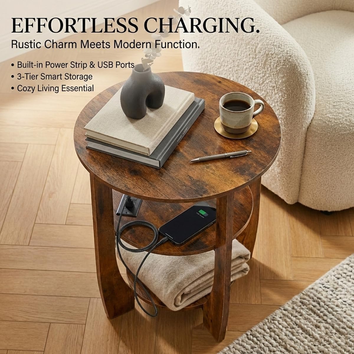 Round Side Table with Charging Station,3 Tier End Table with USB Ports & Outlets,19.7" Nightstand for Bedroom,Living Room,Small Spaces,Rustic Brown Wood Look Accent Table
