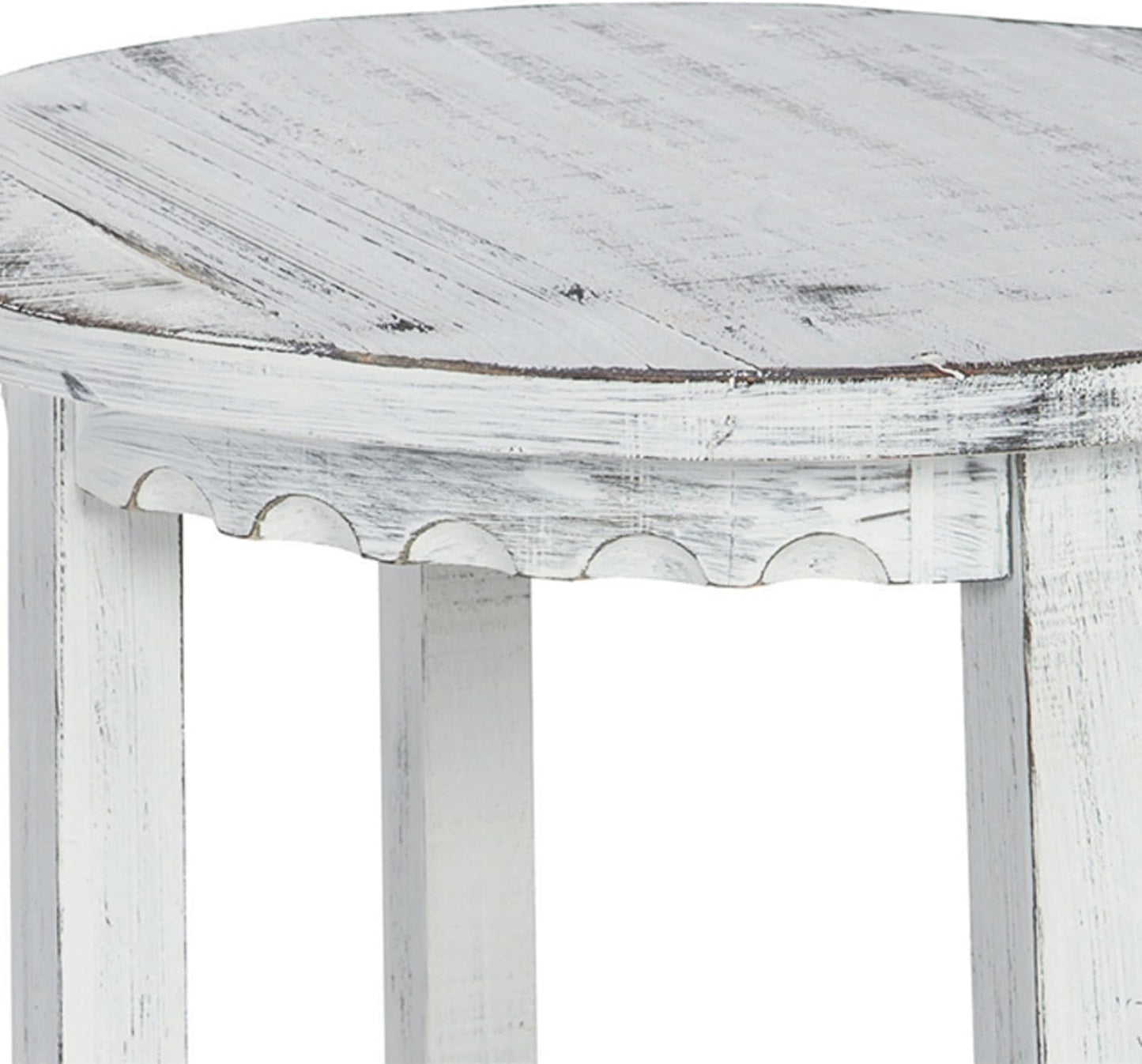 Alaterre Furniture Country Cottage Round End Table – 20” Rustic Farmhouse Side Table with Lower Shelf, Carved Edges & Square Turned Legs – Accent Table for Living Room or Bedroom (Antique White)