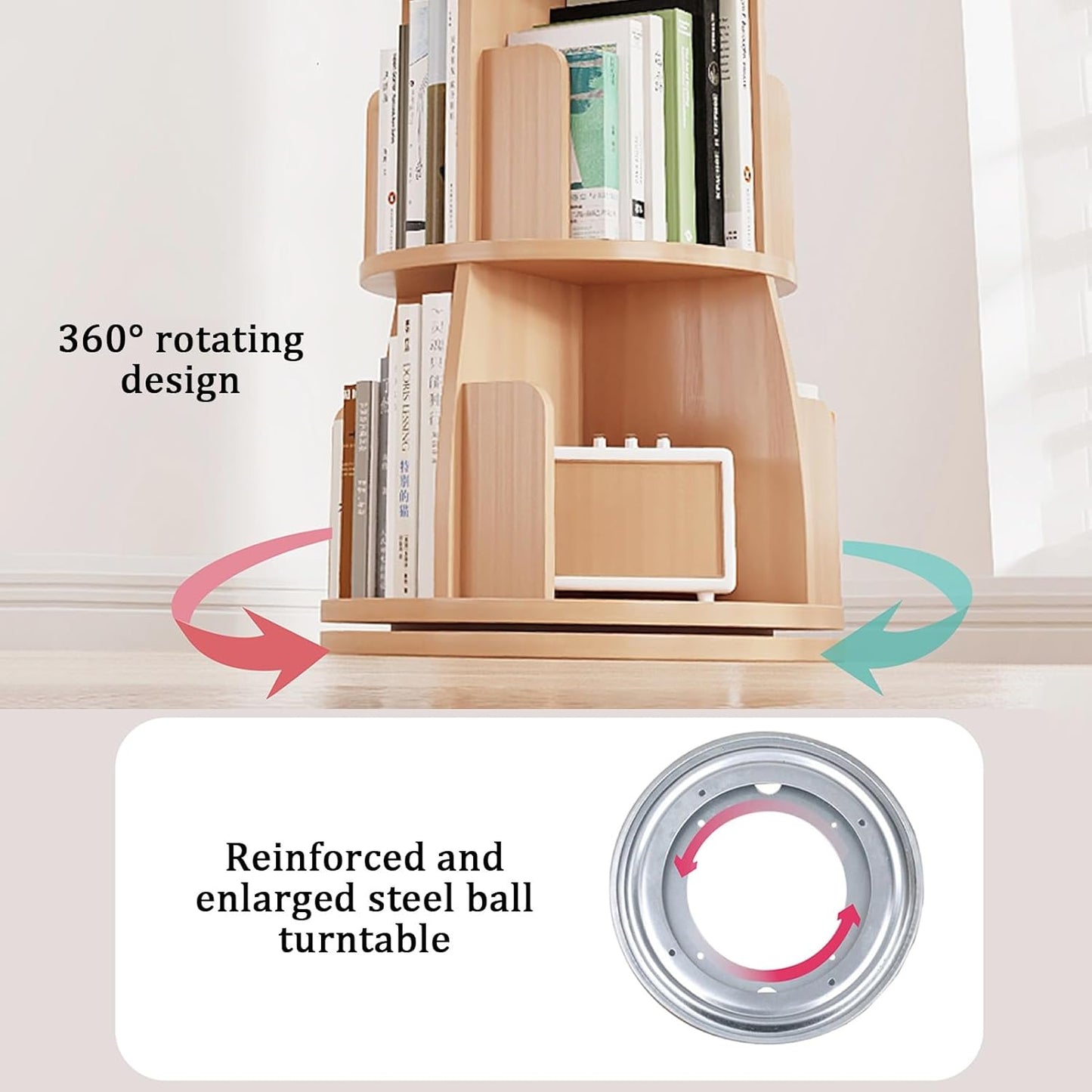 YVYKFZD Rotating Bookshelf, Wood Revolving Bookcase Tower, 360° Corner Display Storage Rack, Floor Standing Narrow Book Shelf Organizer, for Small Space, Bedroom, Living Room(White A,2 Tier H 66cm/25.