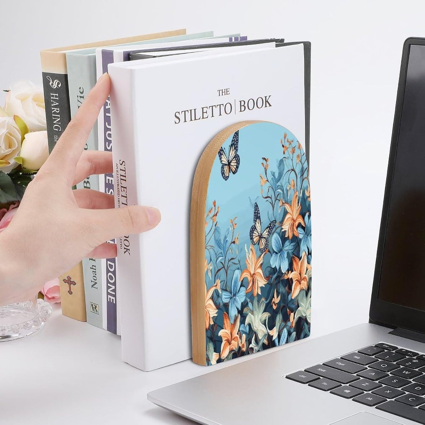 Blue Butterfly Floral Bookend for Shelves Wooden Book End Large Size Sturdy Book Holders Stoppers with Metal Base for Bookshelves Slick Decorative Bookends Stands