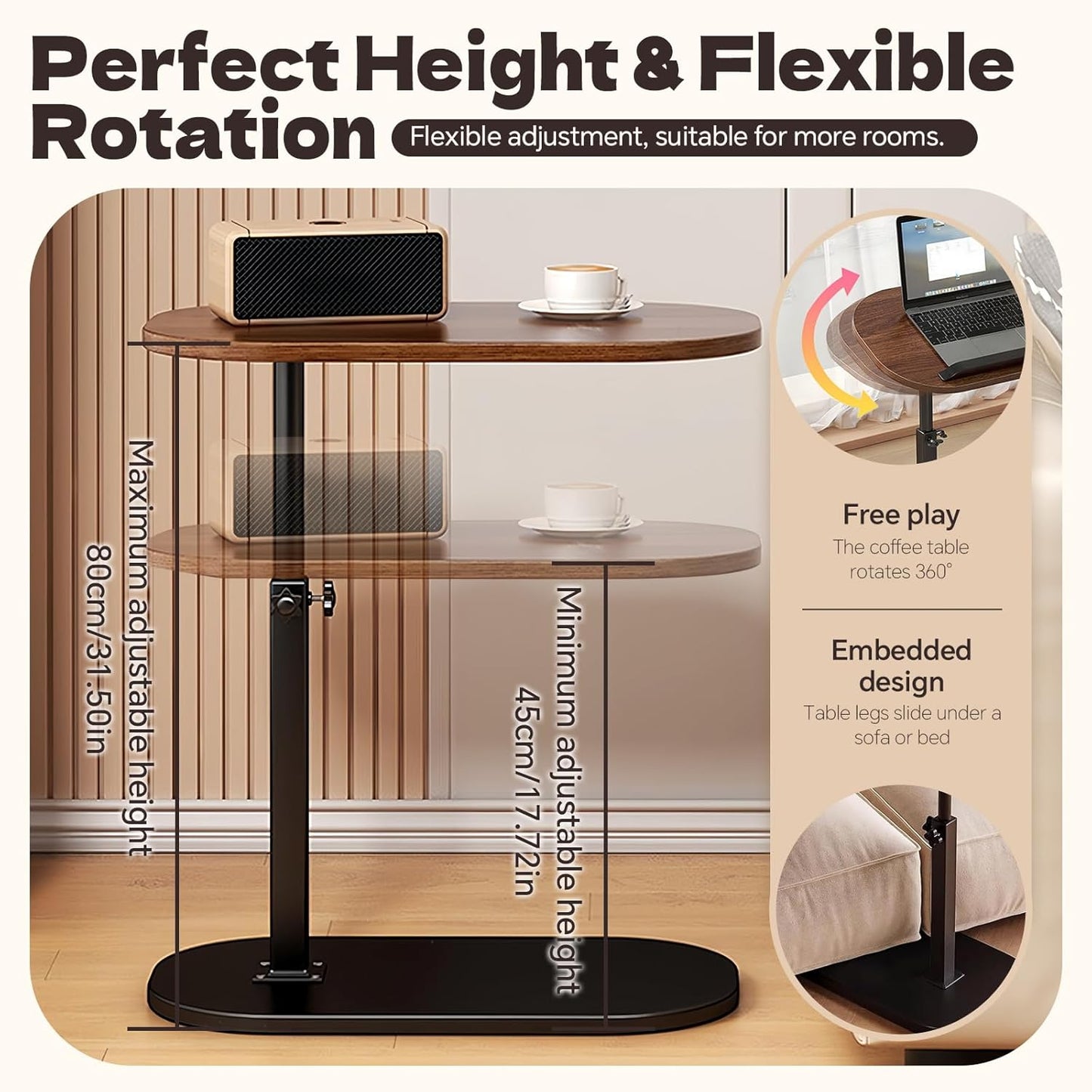 C-Shaped End Table, Adjustable Height Small Side Table for Couch, 360°Swivel Side Table Living Room and Bedroom for Sofa, Bed,Chair, Snack (Walnut)