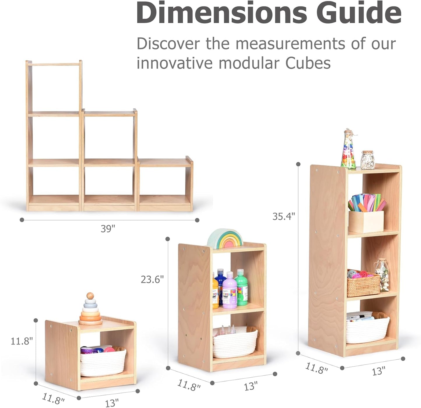 Modular 3-Piece Cube Storage Cabinet, L-Shaped Reversible Ladder Corner Bookshelf with 6+ Cubes, 4-Tier Wooden Freestanding Organizer for Kids Room & Home Office, Natural