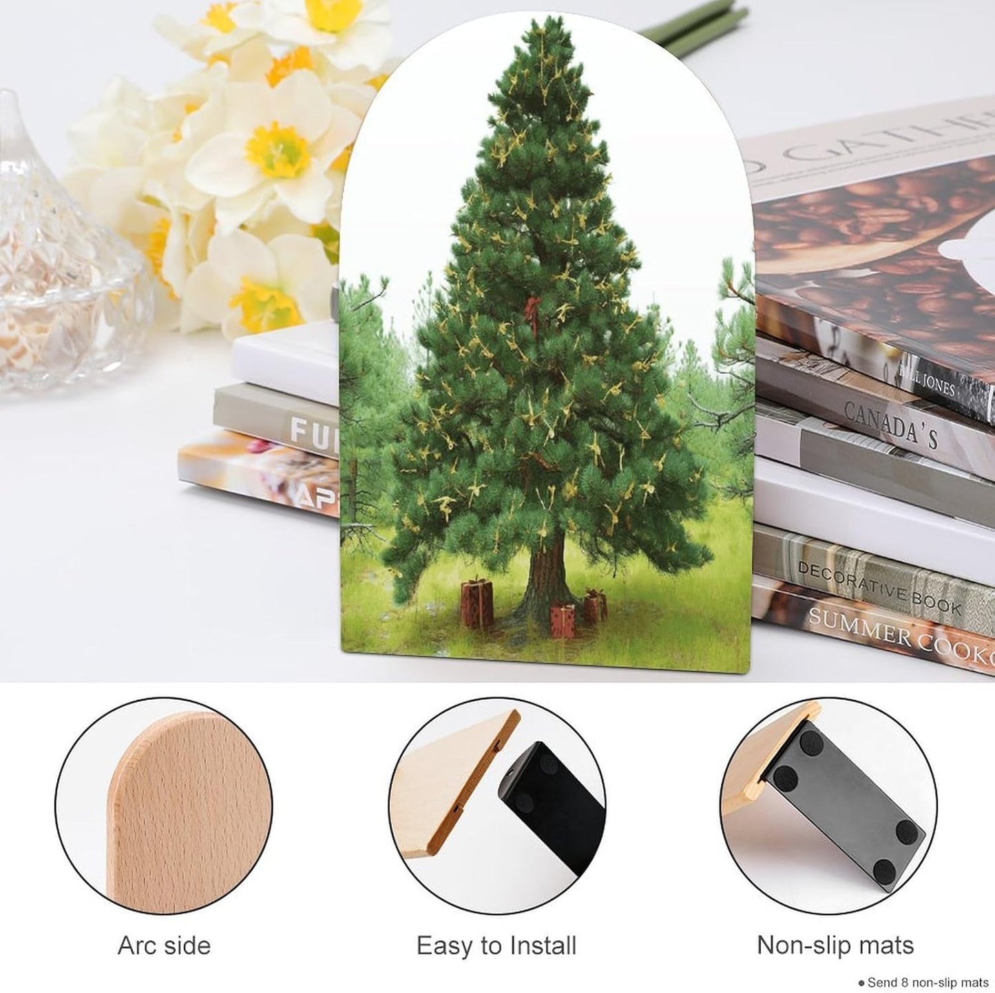 Garlad Pine Tree Bookend for Shelves Wooden Book End Large Size Sturdy Book Holders Stoppers with Metal Base for Bookshelves Slick Decorative Bookends Stands