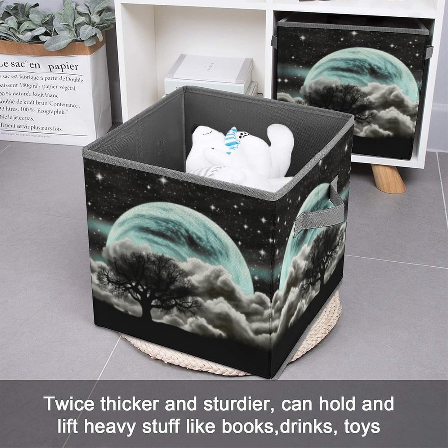 Starry Night Black Tree Art Storage Bins with Handles Fashion Large Storage Cubes Sturdy Foldable Storage Boxes Space-Saving Storage Baskets for Home Office Clothes Closet Organizers