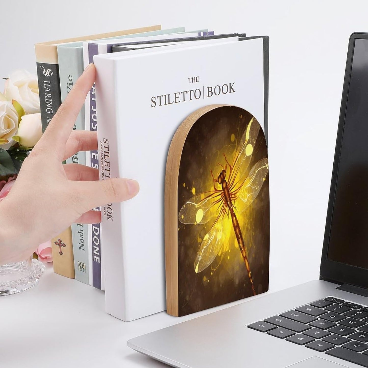 Abstract Yellow Dragonfly Bookend for Shelves Wooden Book End Large Size Sturdy Book Holders Stoppers with Metal Base for Bookshelves Slick Decorative Bookends Stands