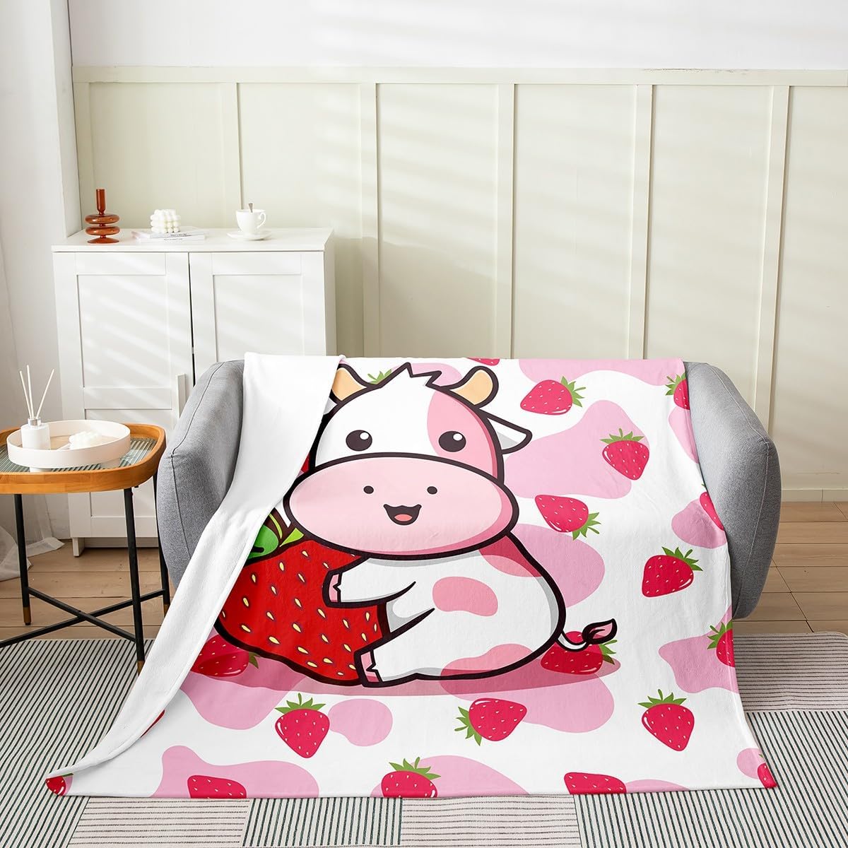 Feelyou Cartoon Cow Pattern Fleece Throw Blanket Kids,Pink Strawberry Cow Fuzzy Blanket for Bed Sofa Couch,All Season 3D Animals Theme Bed Blanket Breathable Plush Blanket Room Decor Queen 90"x90"