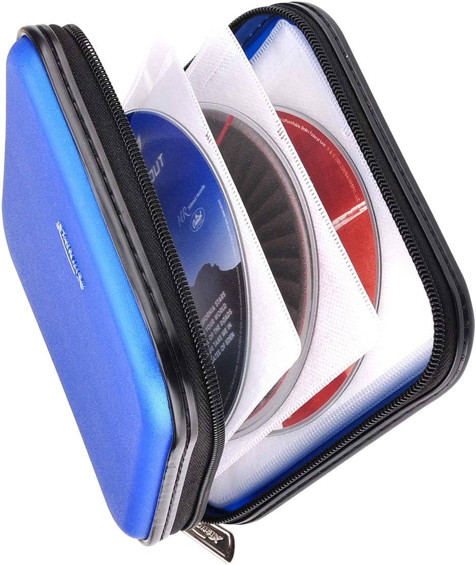CD Wallet, 32 Capacity Heavy Duty, Car DVD Case Holder, Portable Storage Disk, Hard Shell Case (Blue)