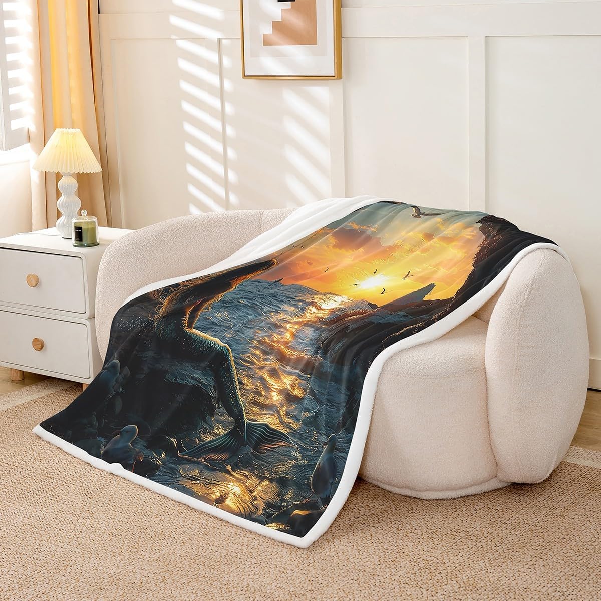 Castle Fairy 3D Mermaid Blanket Twin 60x80 Dreamy Sunset Landscape Blanket for Boys Girls Sea Mew Birds Sherpa Blanket Glitter Mermaid Tail Blanket Living Room Decor